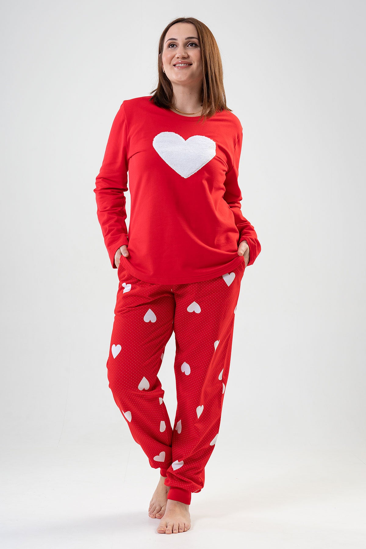 BAYAN 2IPLIK XXL O YAKA UZUN KOL ETEGI OVAL CEPLI MANSETLI PIJAMA TAKIM - KIRMIZI