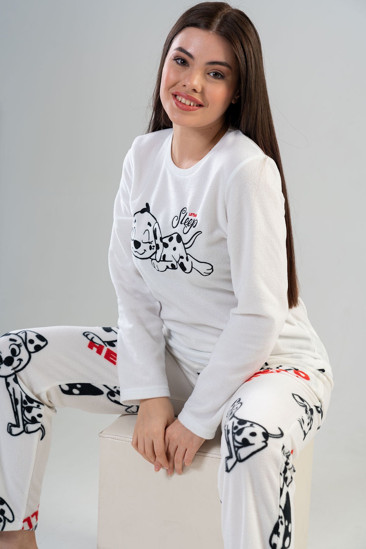 BAYAN POLAR O YAKA UZUN KOL ETEGI OVAL CEPLI PIJAMA TAKIM - BRIGHT WHITE