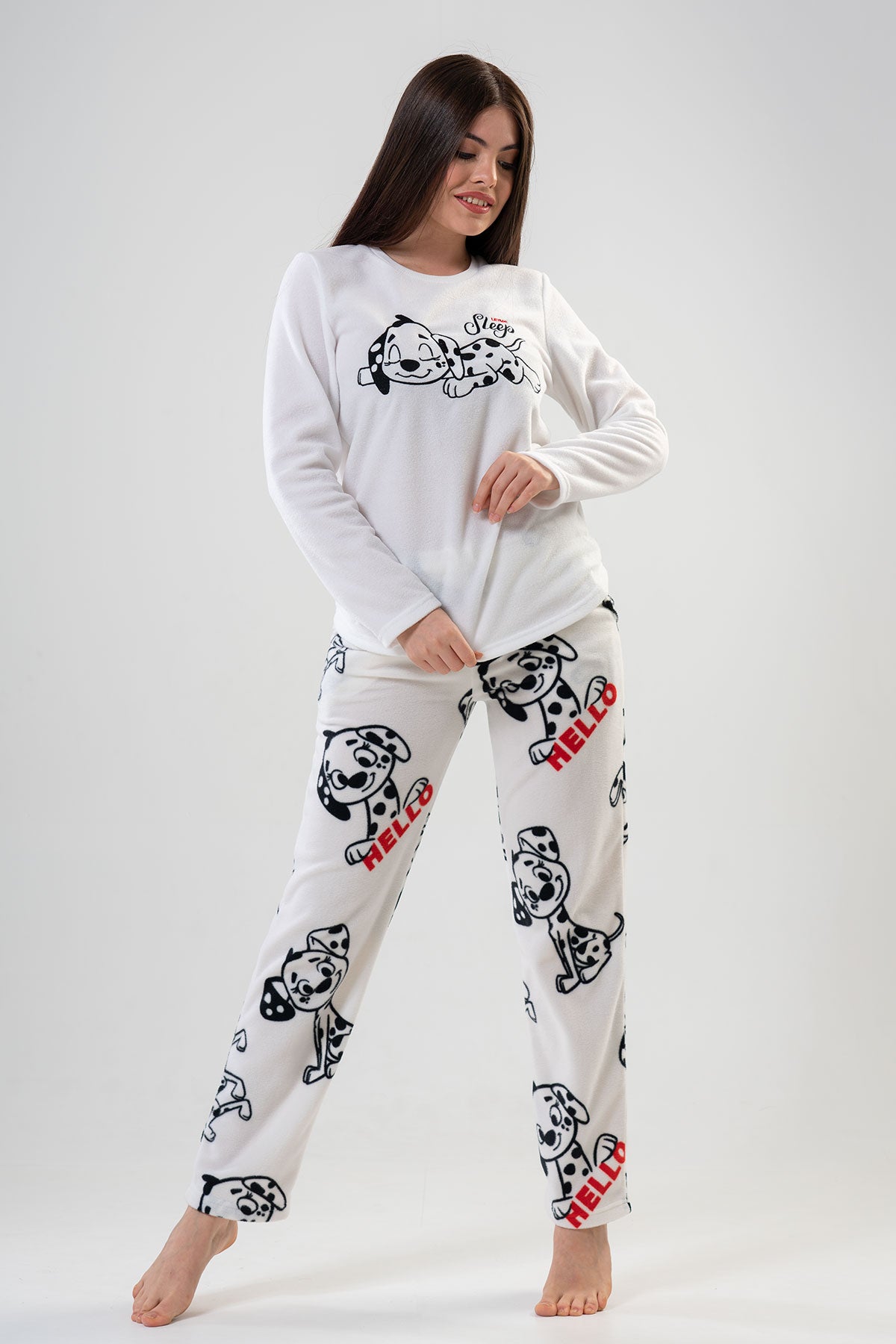 BAYAN POLAR O YAKA UZUN KOL ETEGI OVAL CEPLI PIJAMA TAKIM - BRIGHT WHITE