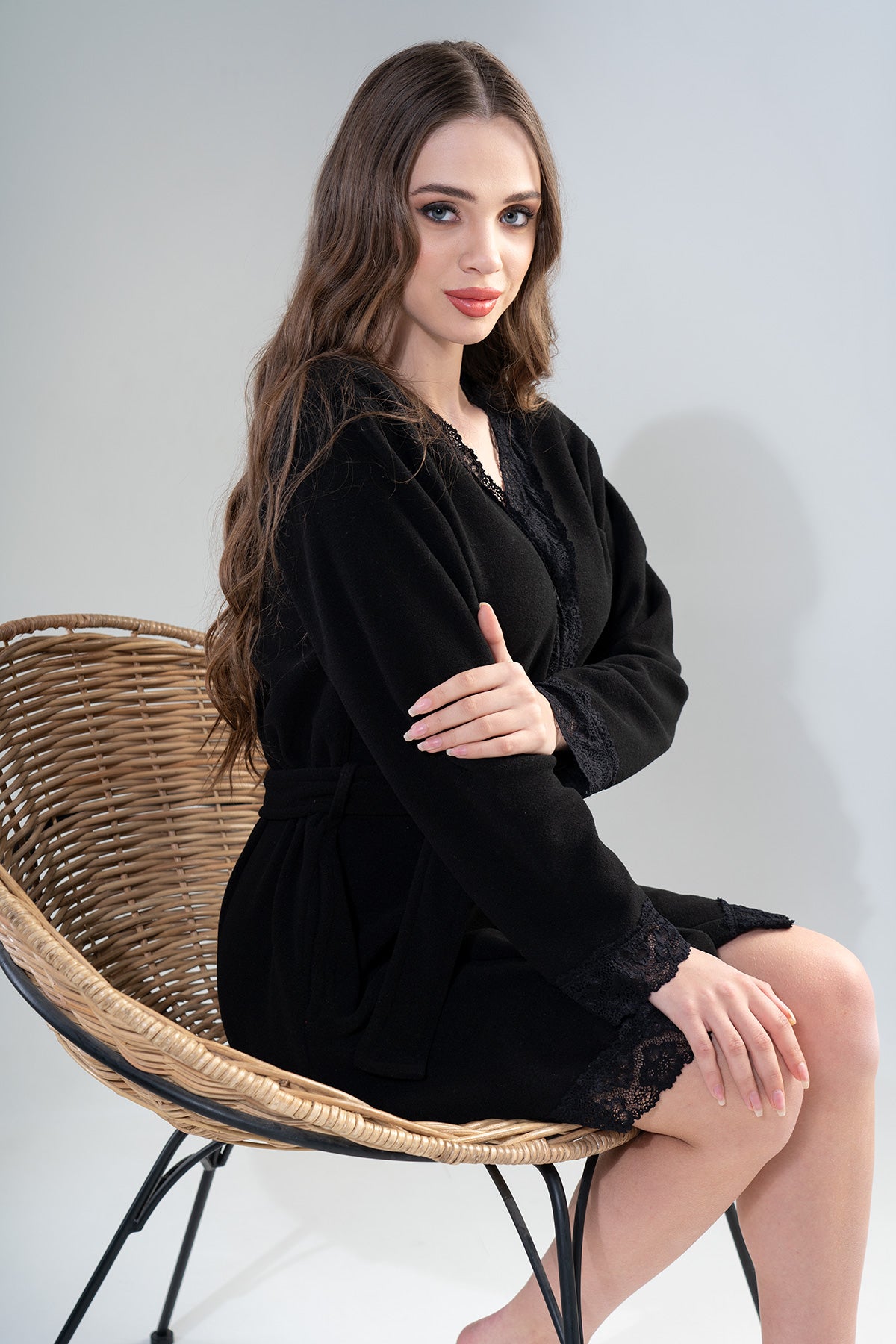 BAYAN POLAR UZUN KOL DANTELLI KISA CEPLI SABAHLIK