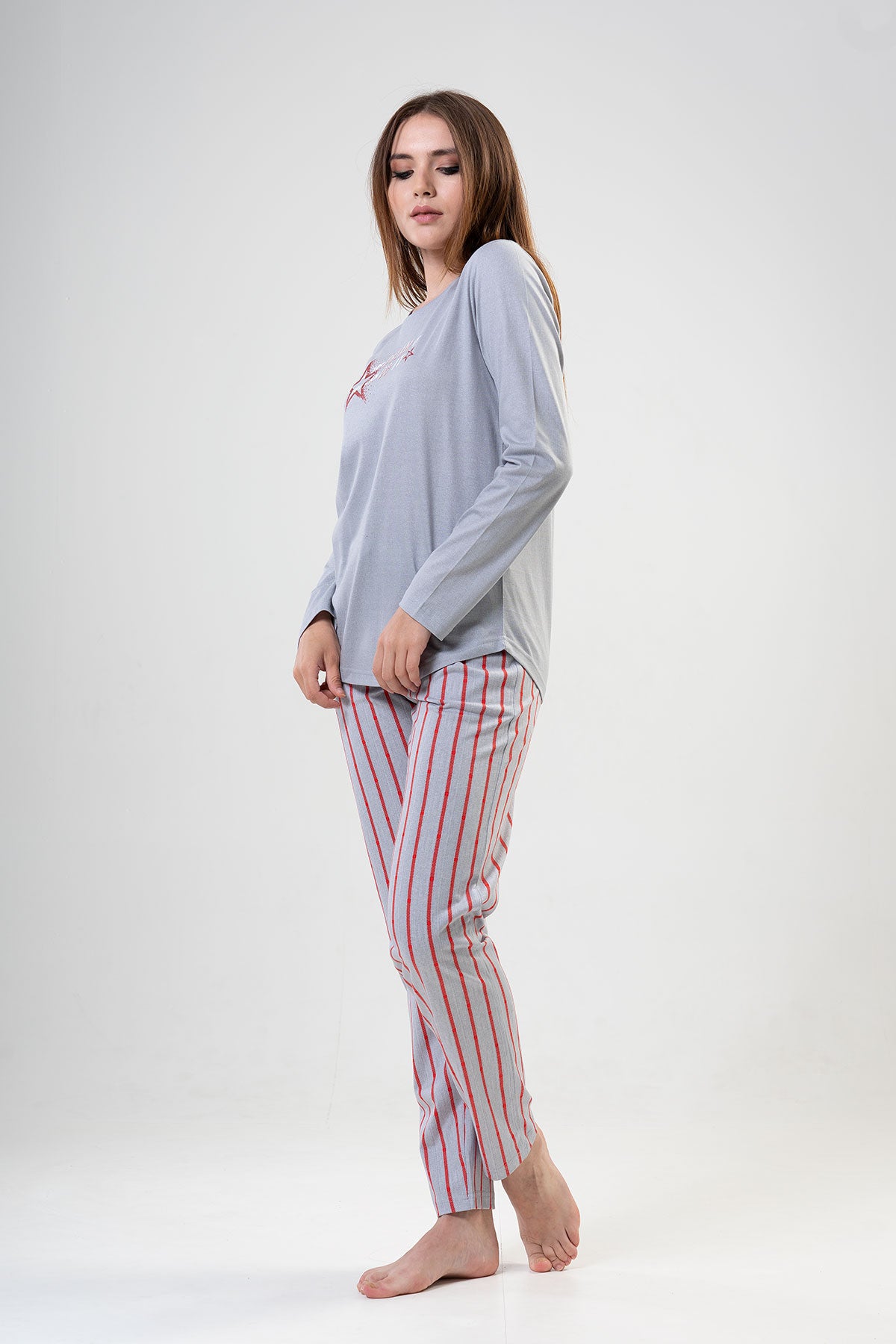 KADIN P.SUPREM O YAKA UZUN KOL ETEGI OVAL CEPLI PIJAMA TAKIM"
