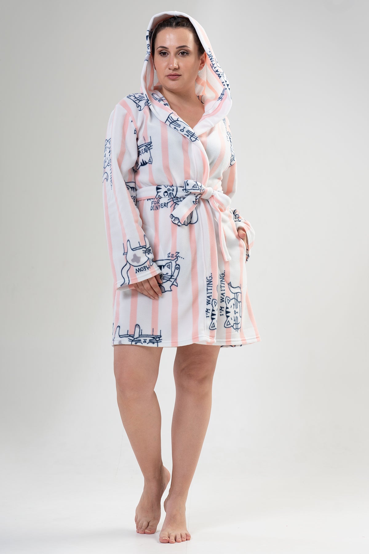 KADIN POLAR XXL KAPSONLU CEPLI KISA SABAHLIK - IMPATIENS PINK