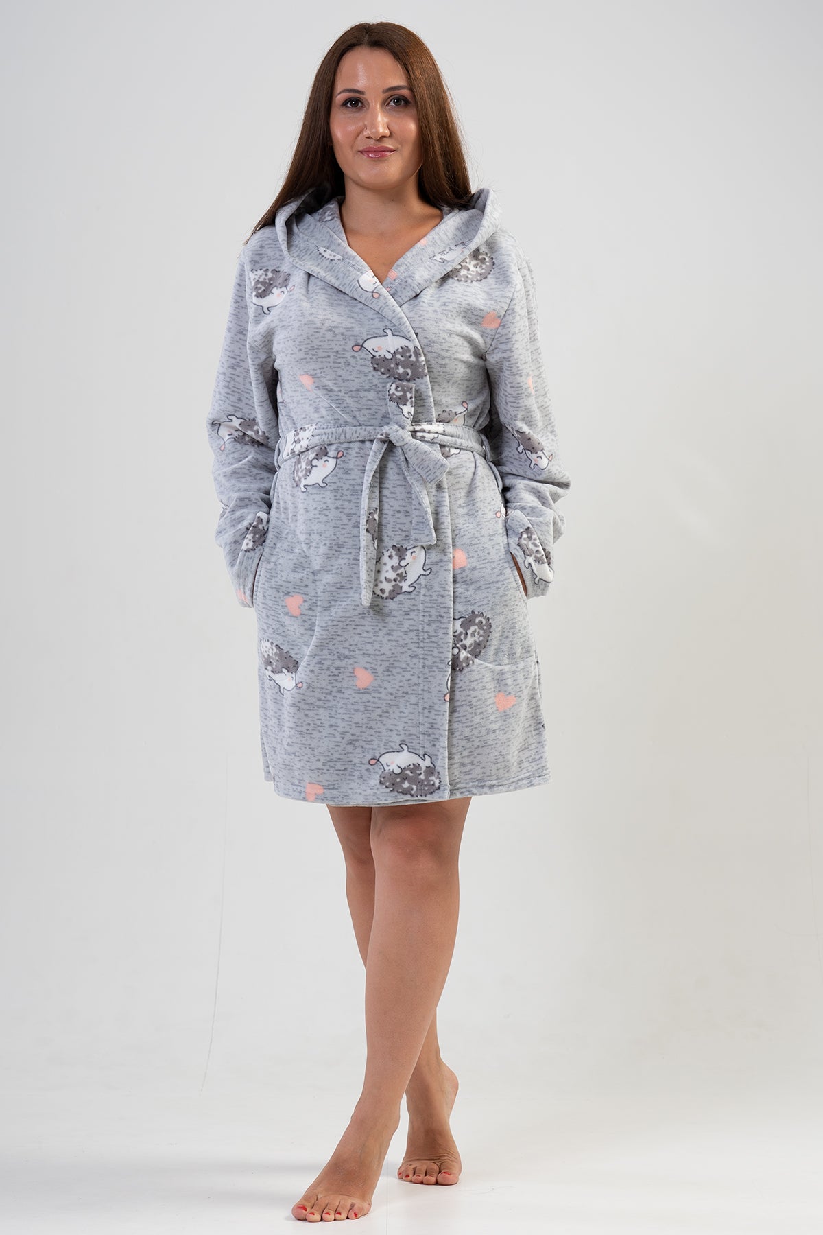 KADIN POLAR XXL KAPSONLU CEPLI KISA SABAHLIK - GRAY