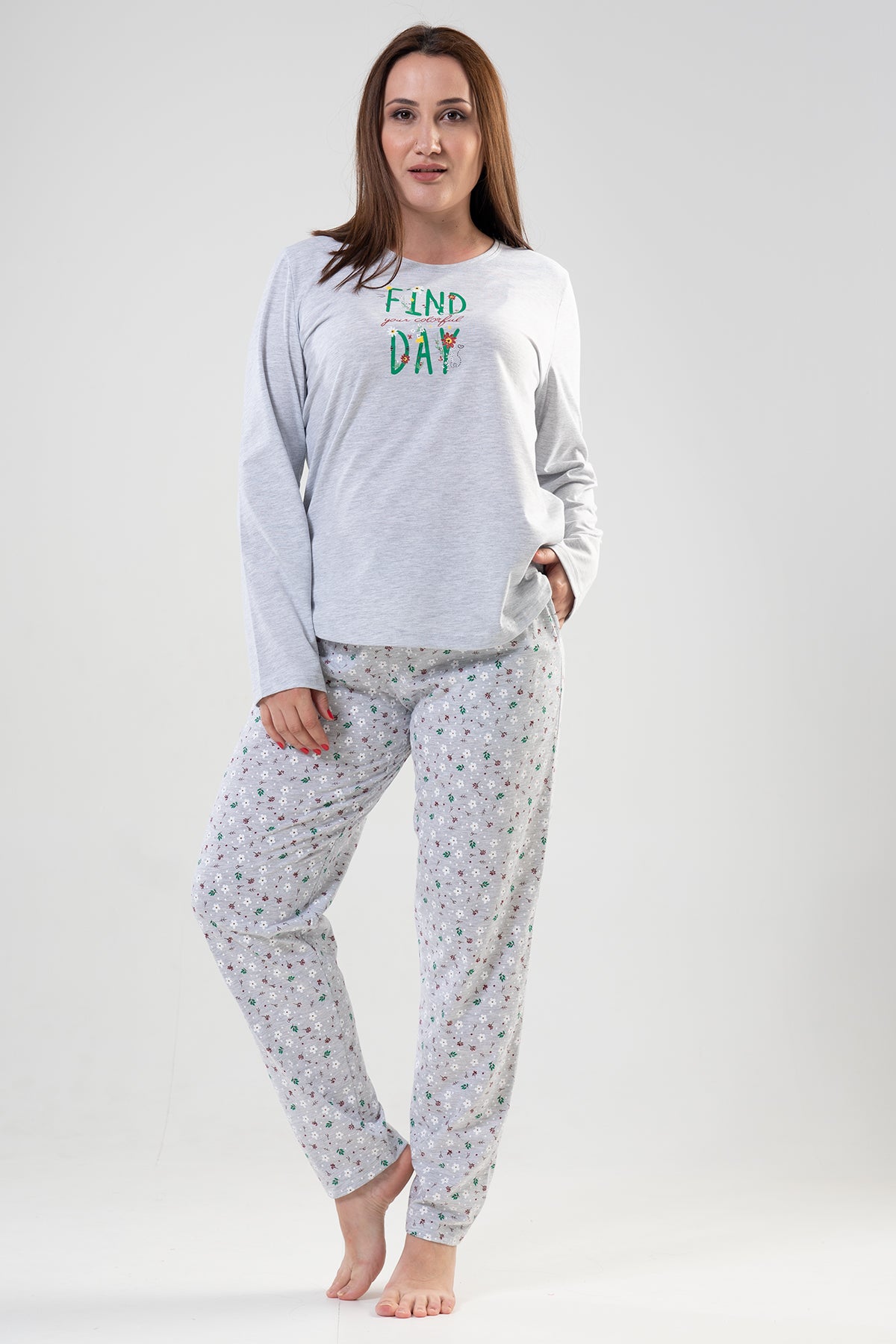 BAYAN P.SUPREM XXL O YAKA UZUN KOL ETEGI OVAL CEPLI PIJAMA TAKIM - GRAY MELANGE