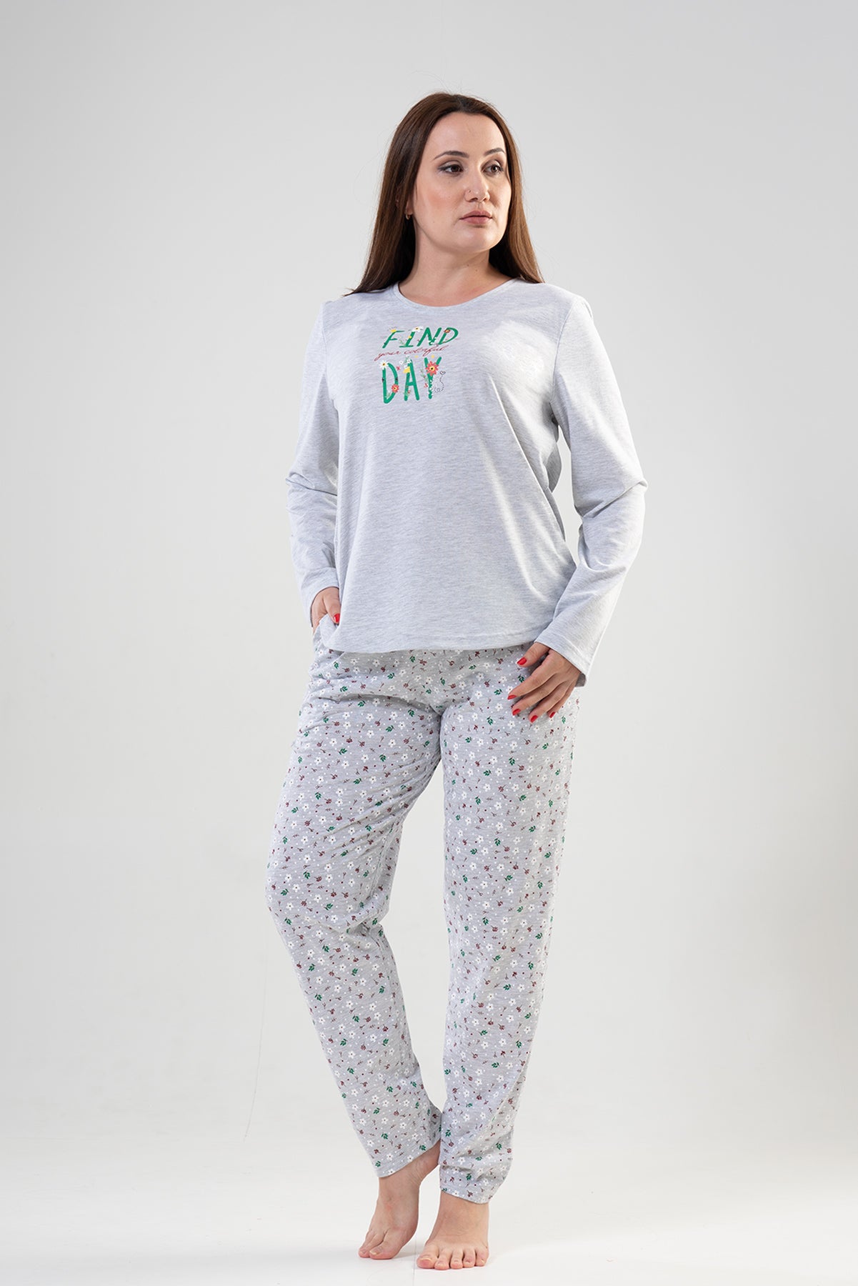 BAYAN P.SUPREM XXL O YAKA UZUN KOL ETEGI OVAL CEPLI PIJAMA TAKIM - GRAY MELANGE