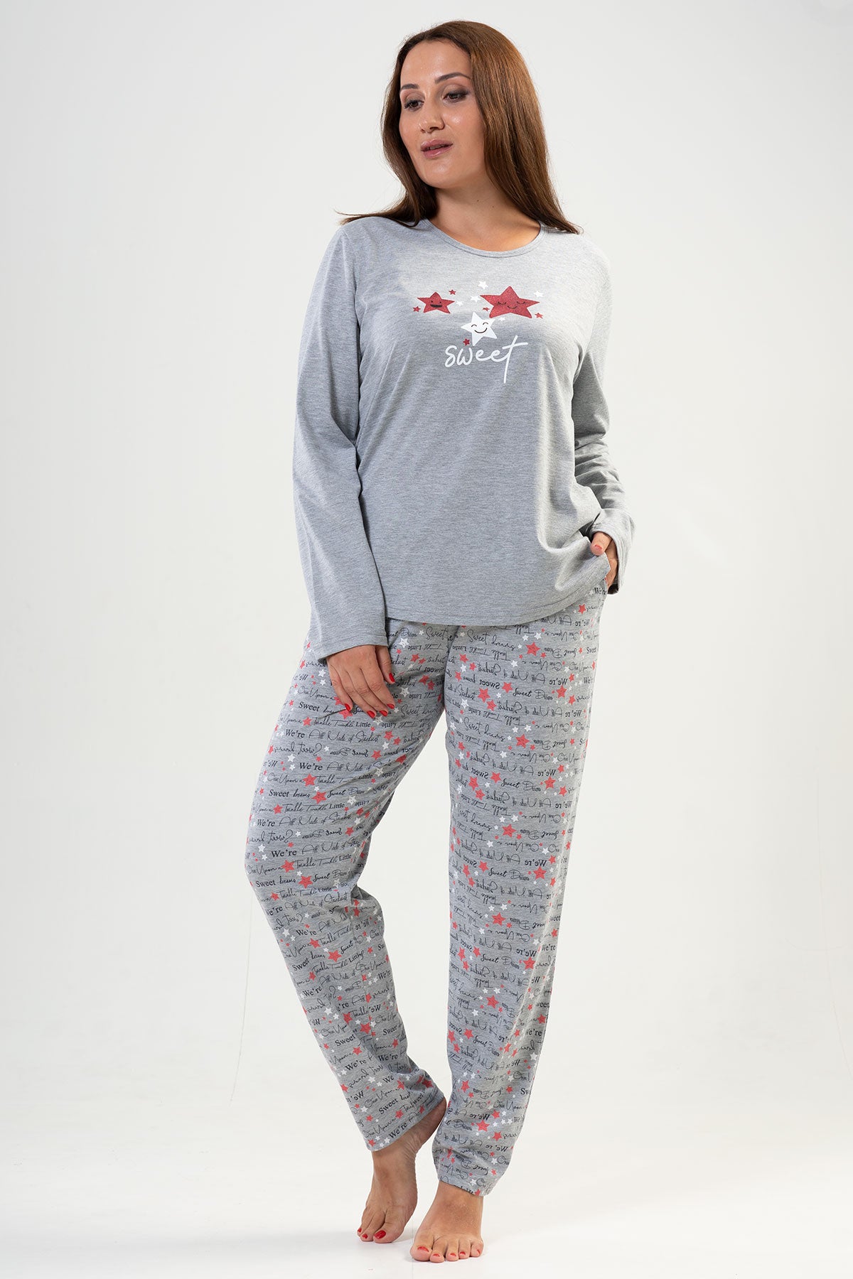 KADIN P.SUPREM XXL O YAKA UZUN KOL ETEGI OVAL CEPLI PIJAMA TAKIM - GRAY MELANGE