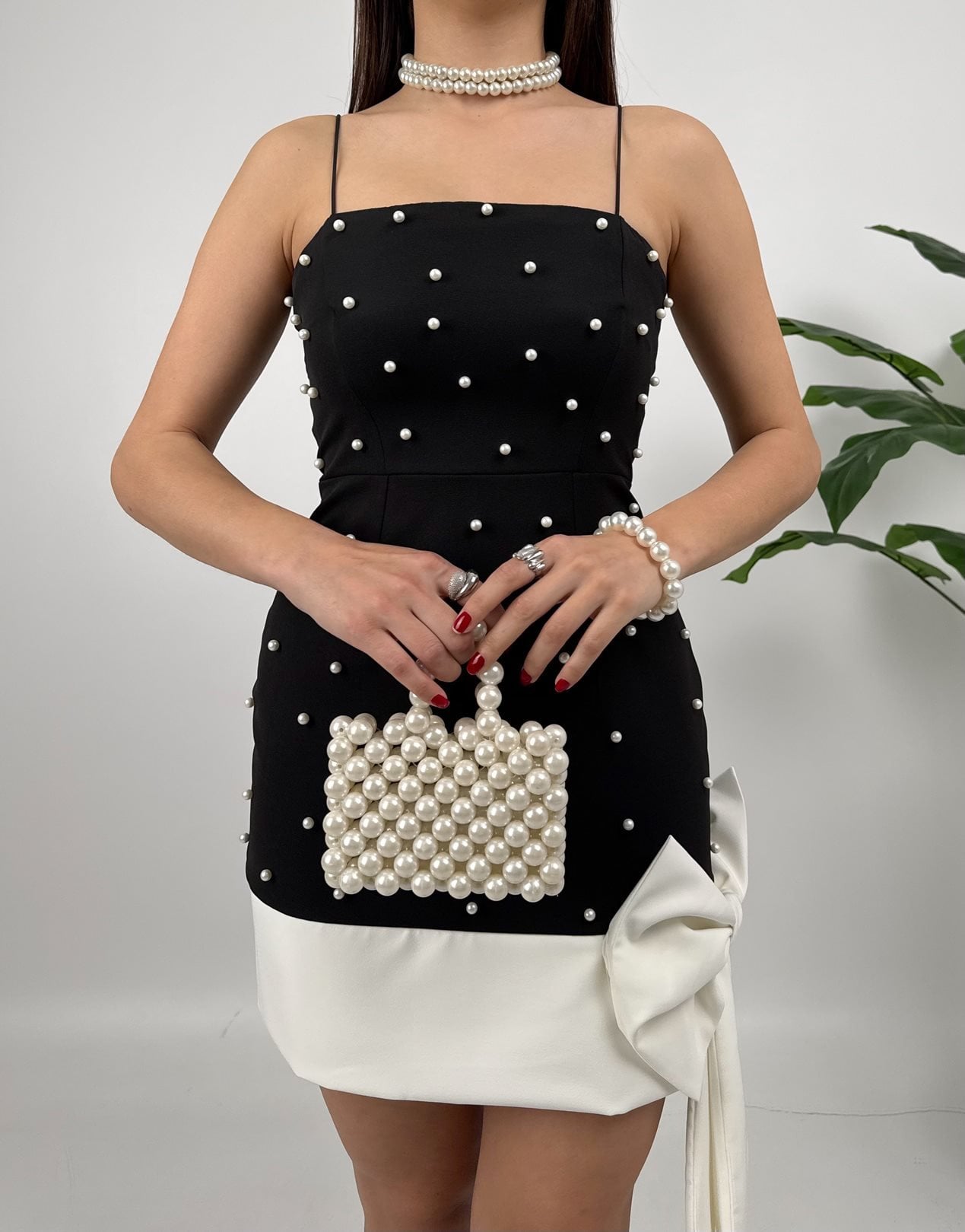 2046 PEARL EMBELLISHED BOW DETAIL STRAPLESS MINI DRESS