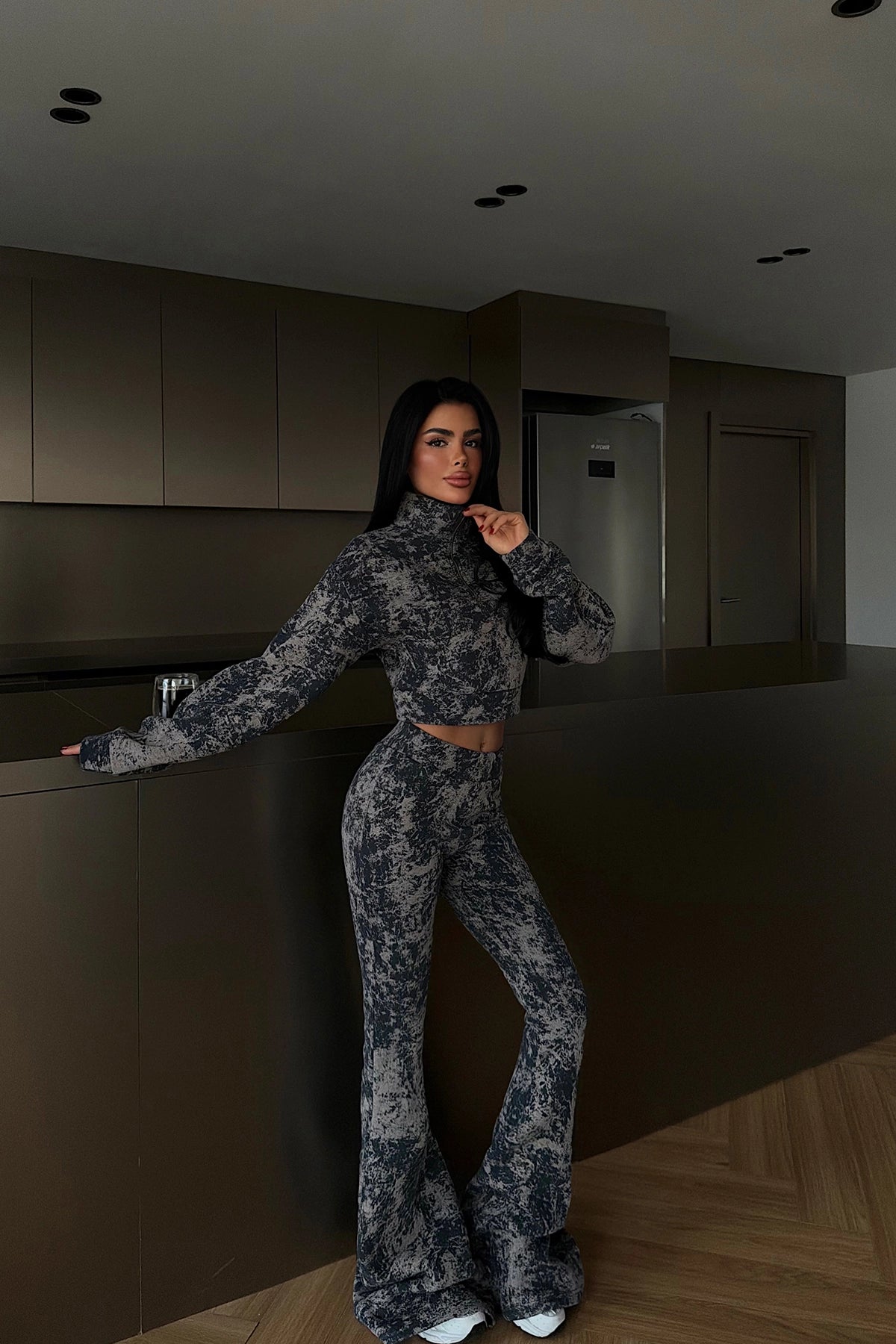 Lacivert Desen Crop Takım XS