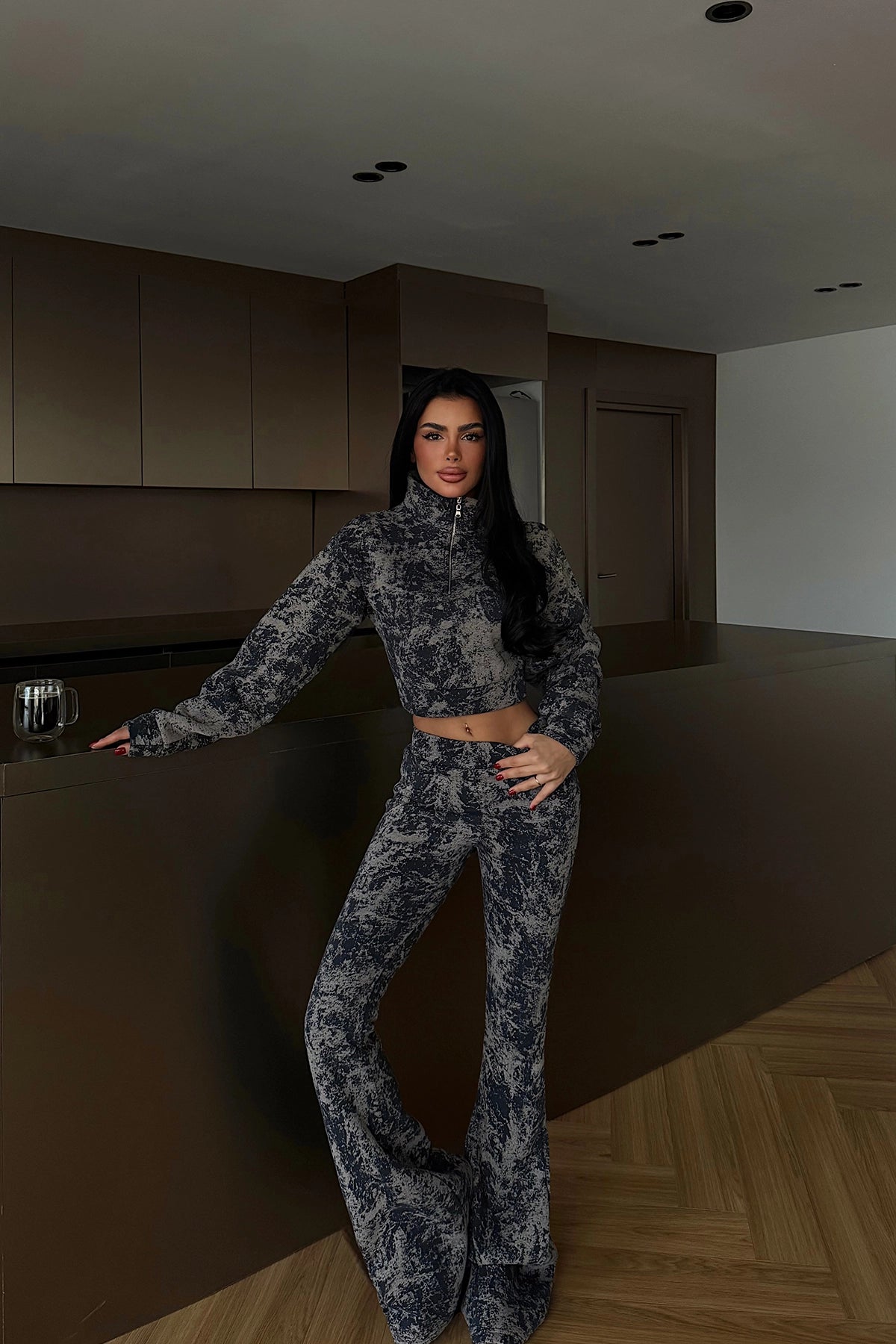 Lacivert Desen Crop Takım