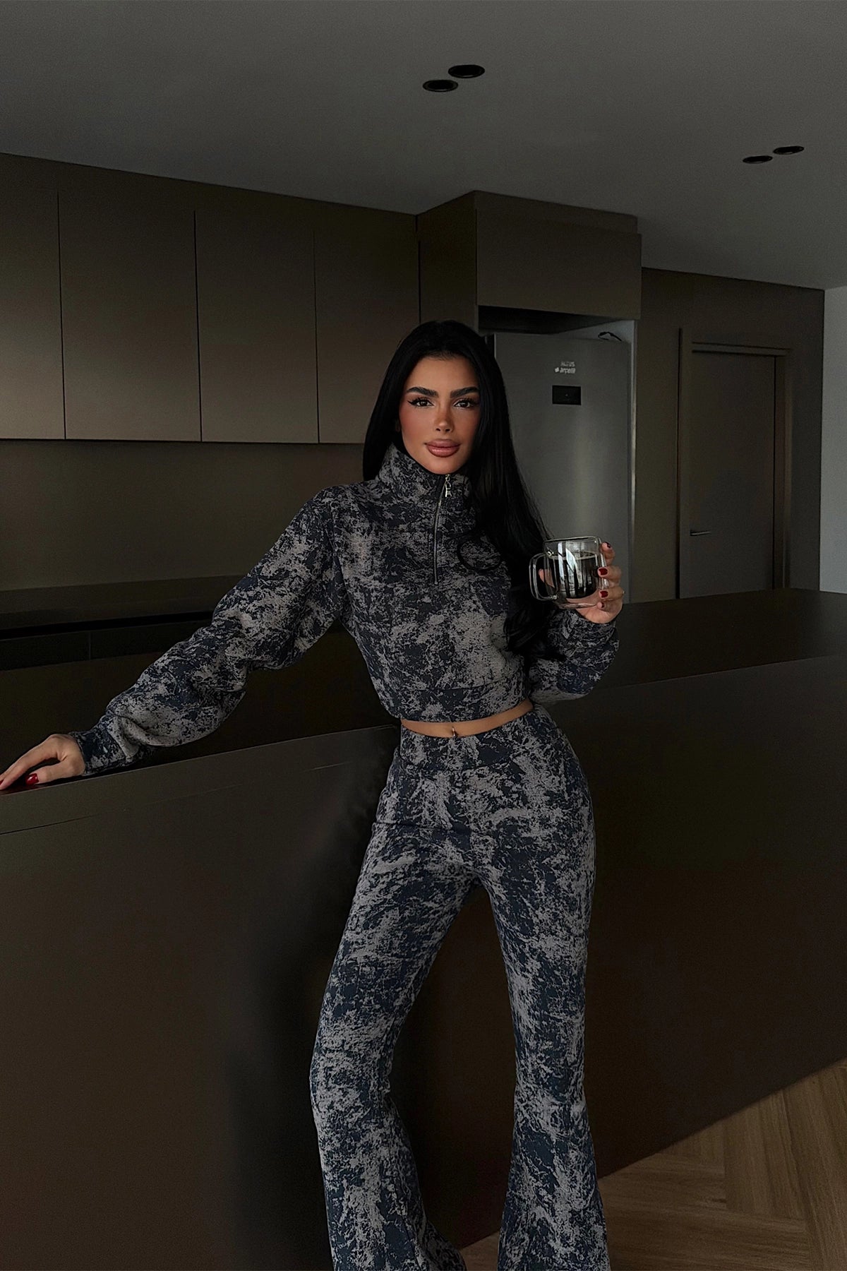 Lacivert Desen Crop Takım