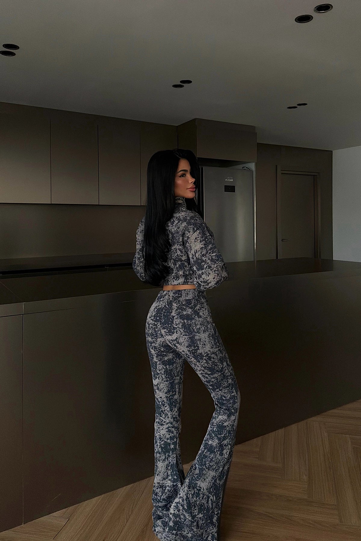 Lacivert Desen Crop Takım