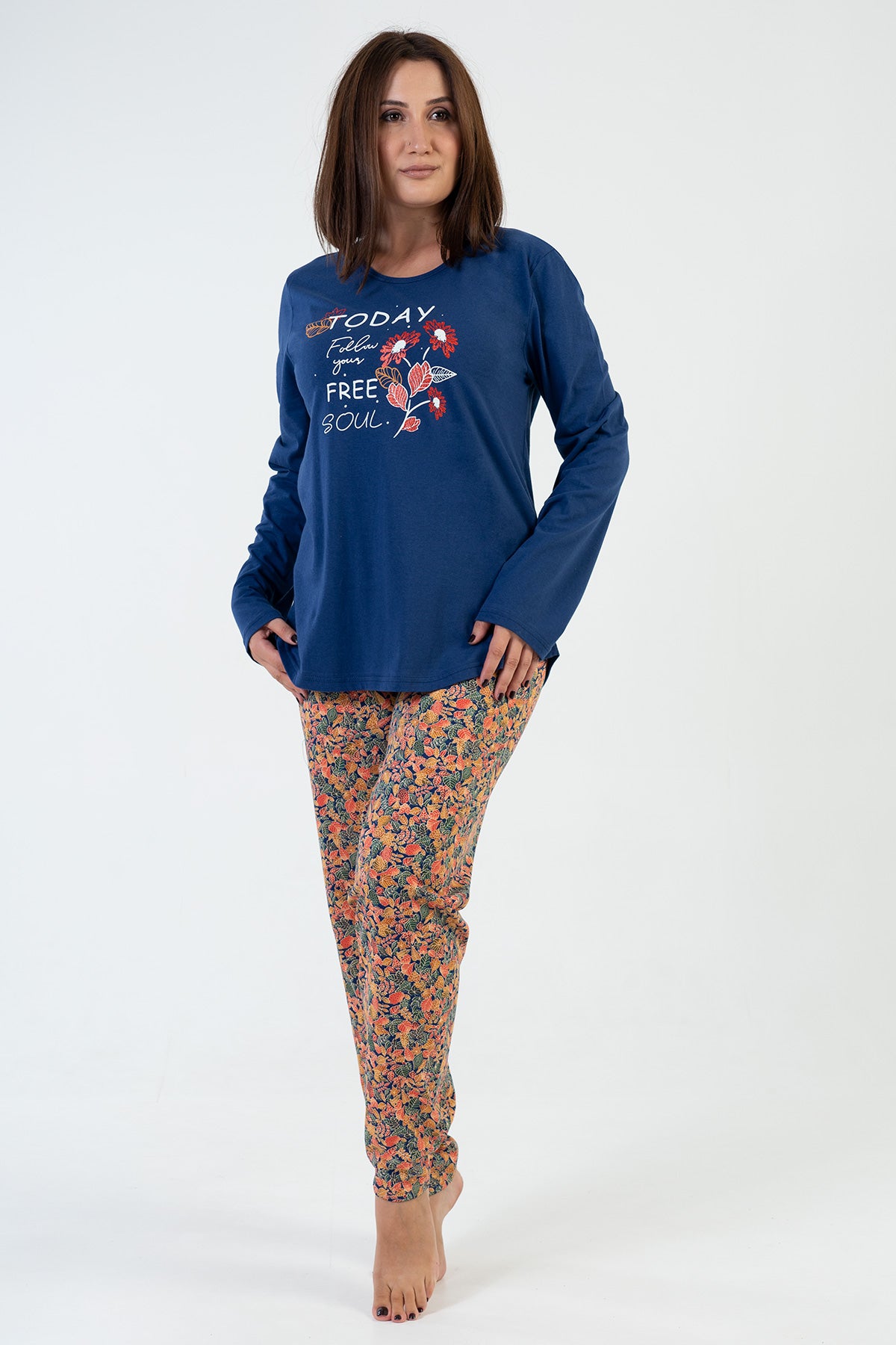 KADIN P.SUPREM XXL O YAKA UZUN KOL ETEGI OVAL PIJAMA TAKIM - 1193INDIGO