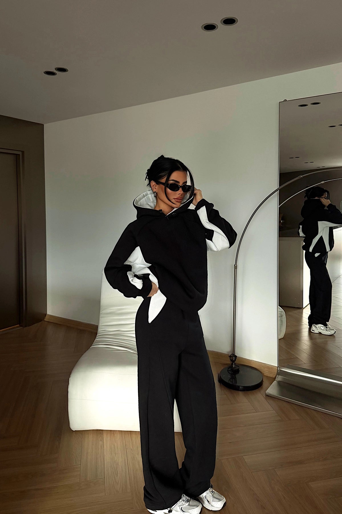 Siyah Çift Renk Kapşonlu Eşofman Takım XS