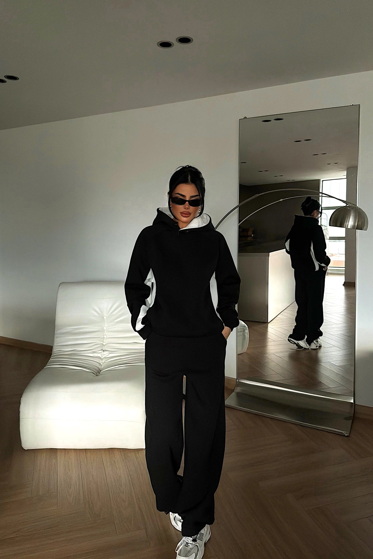 Siyah Çift Renk Kapşonlu Eşofman Takım