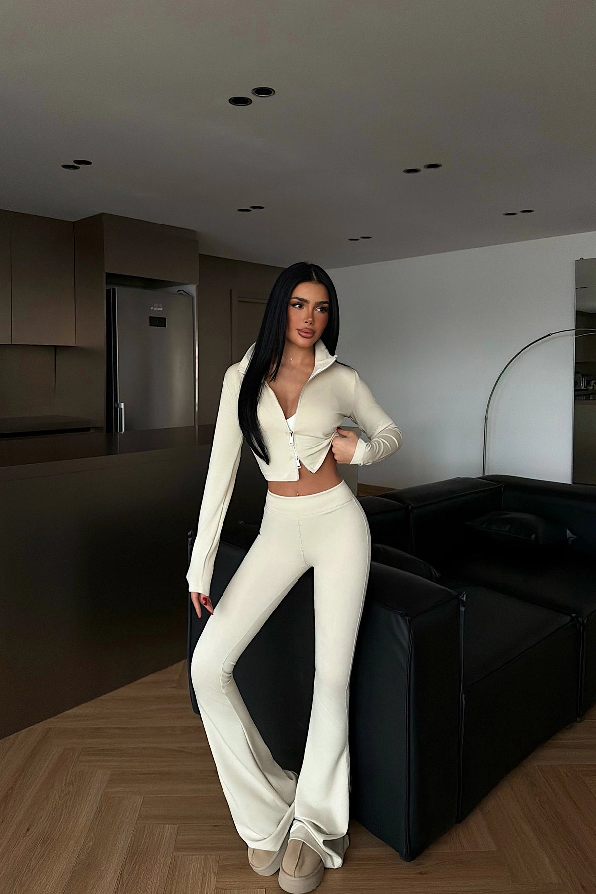 Krem Fermuar Detay Eşofman Takım