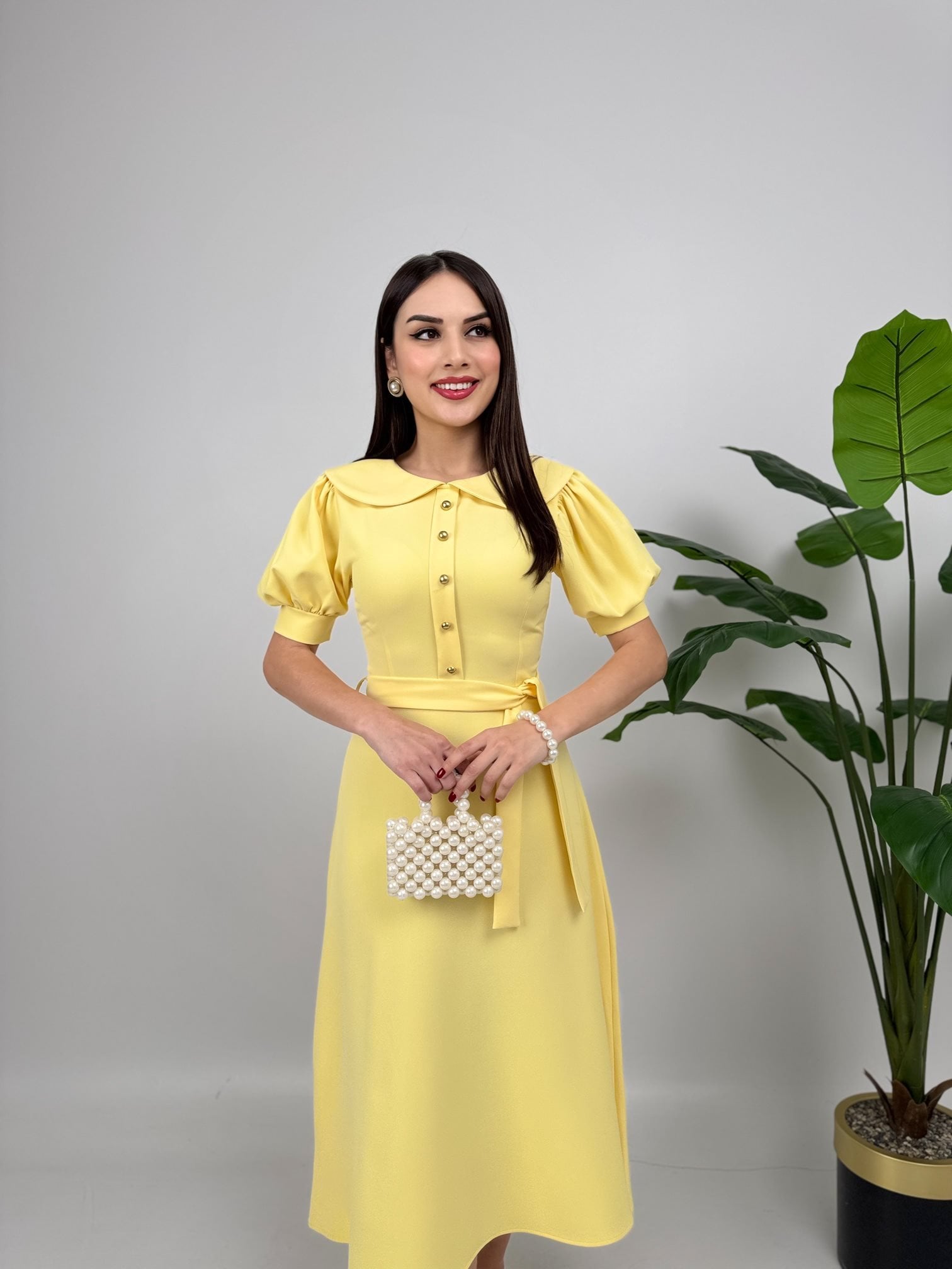 2111 BEBE YAKA KUŞAKLI MİDİ ELBİSE