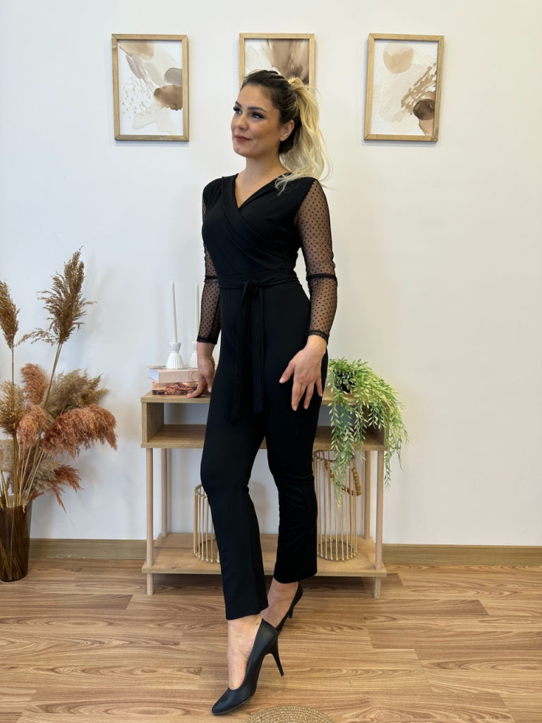 Kadın Uzun Kollu Kruvaze Yakalı Kolları Tül Detay Beli Kuşaklı Ithal Krep Tulum , 30840