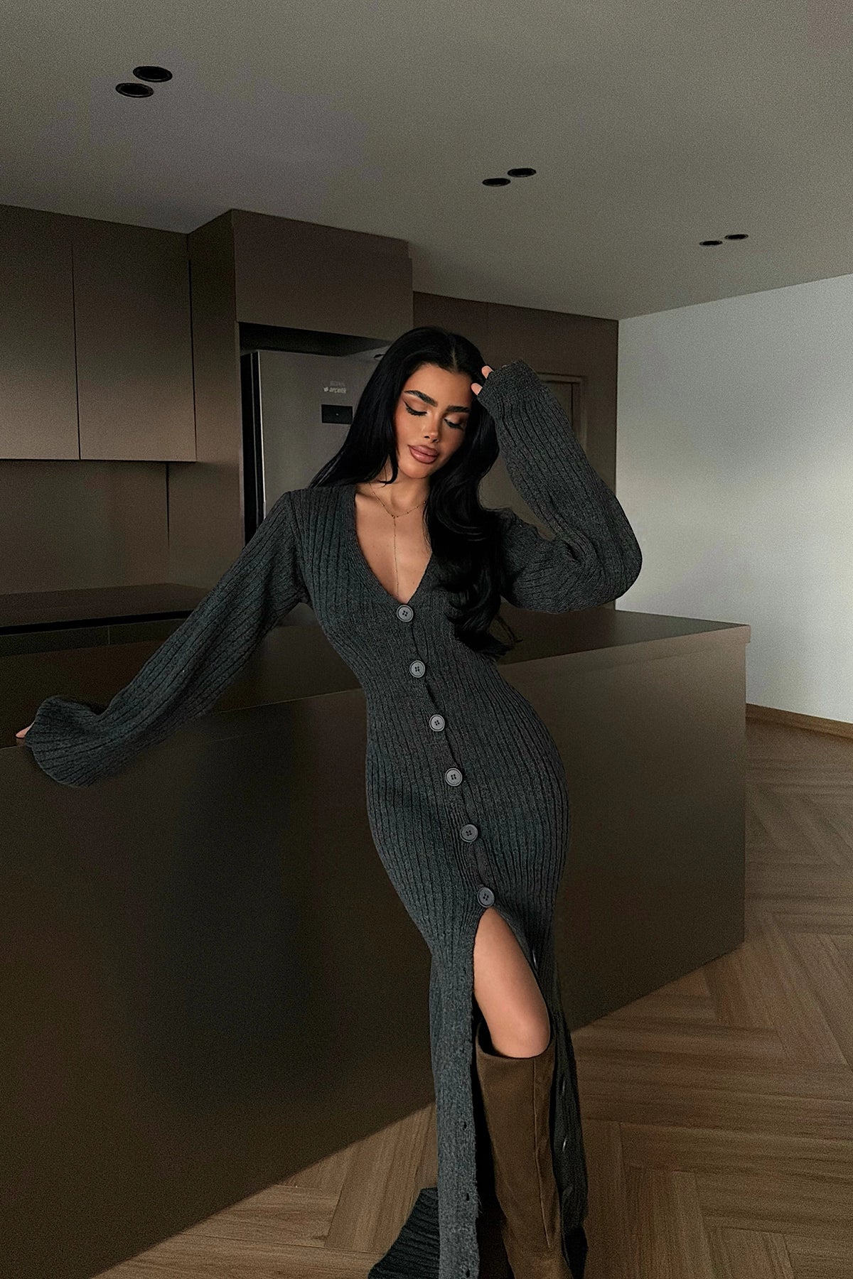 Antrasit Ophelie Triko Elbise