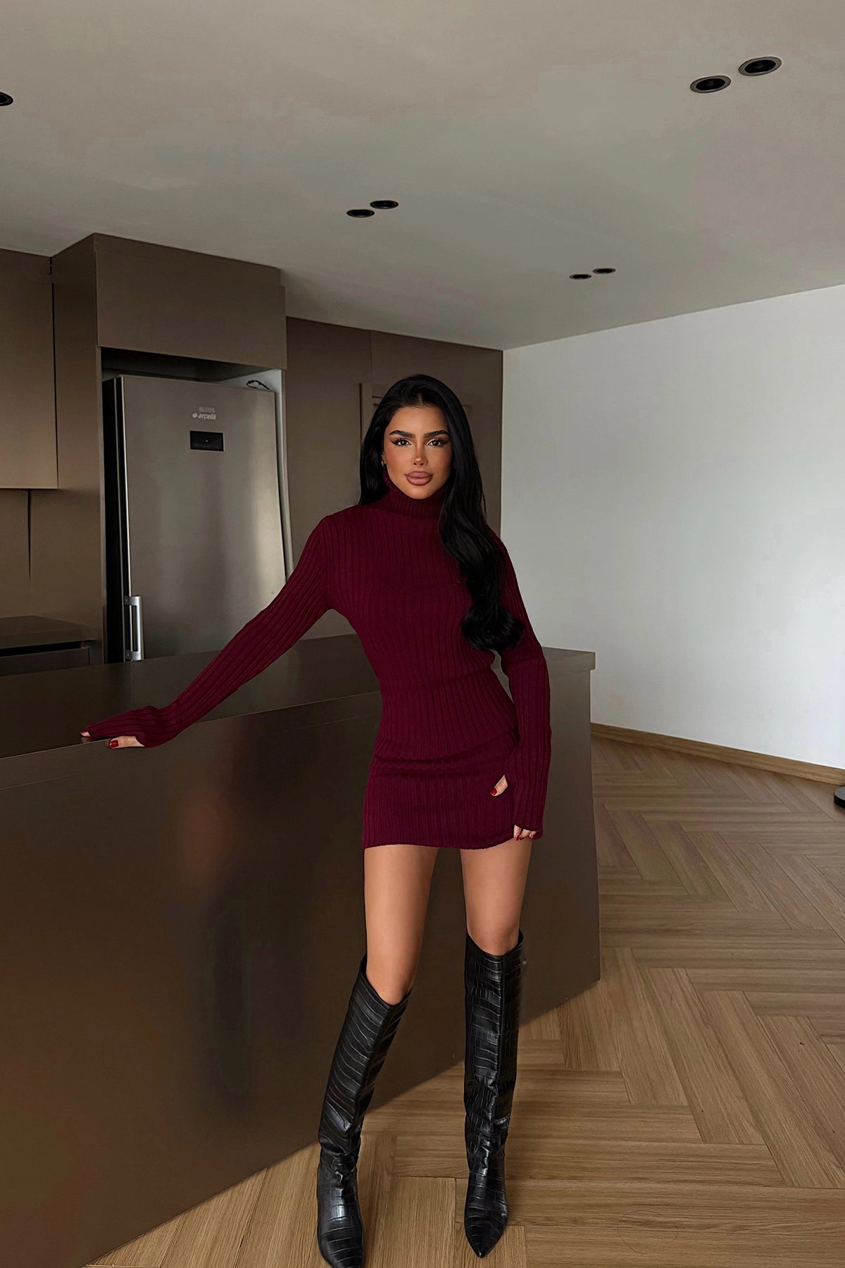 Bordo Zurih Triko Elbise