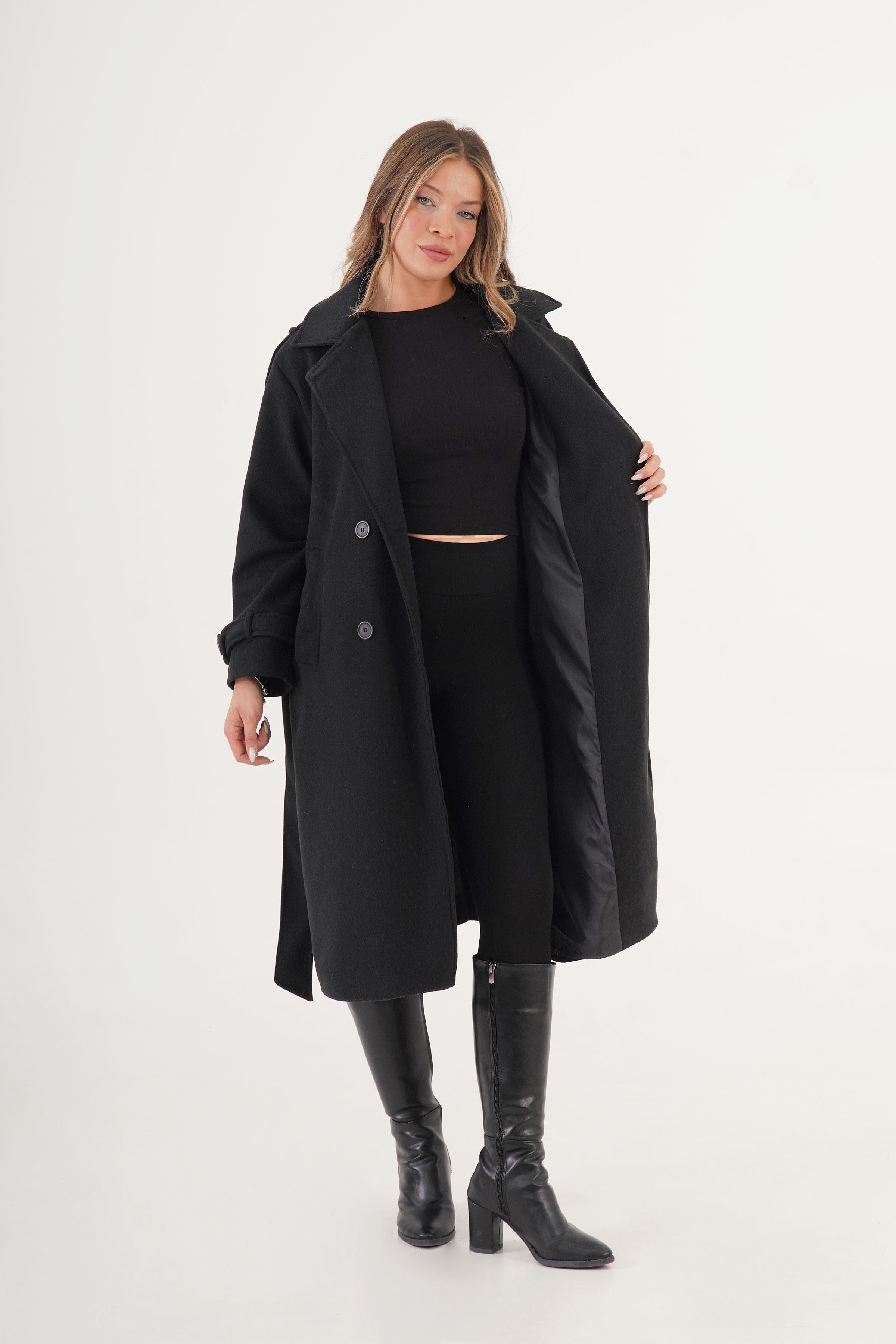 Apolet Detaylı Kuşaklı Toptan Siyah Kaşe Kaban