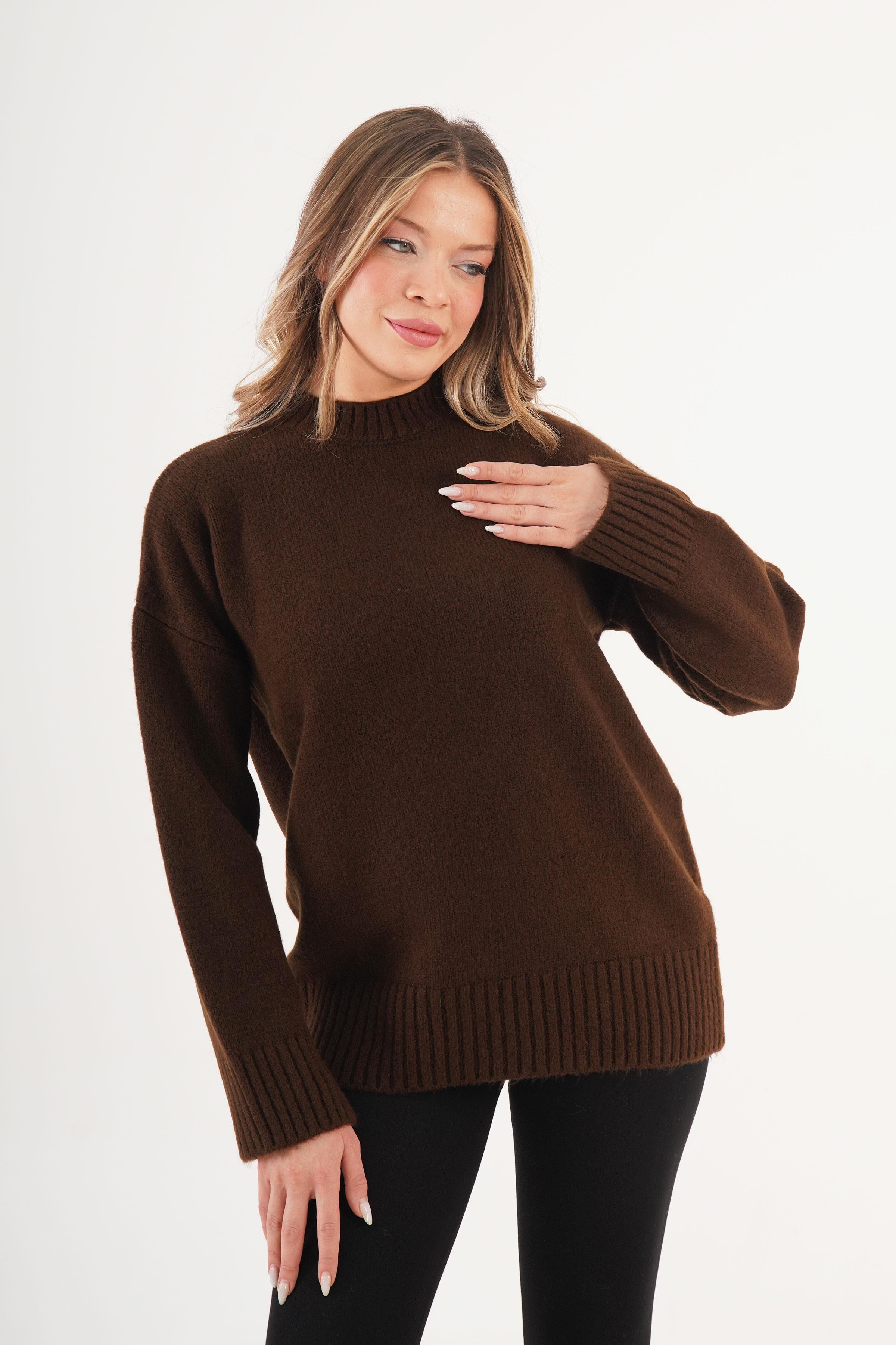 Ribana Detaylı Basic Toptan Kahve Kazak