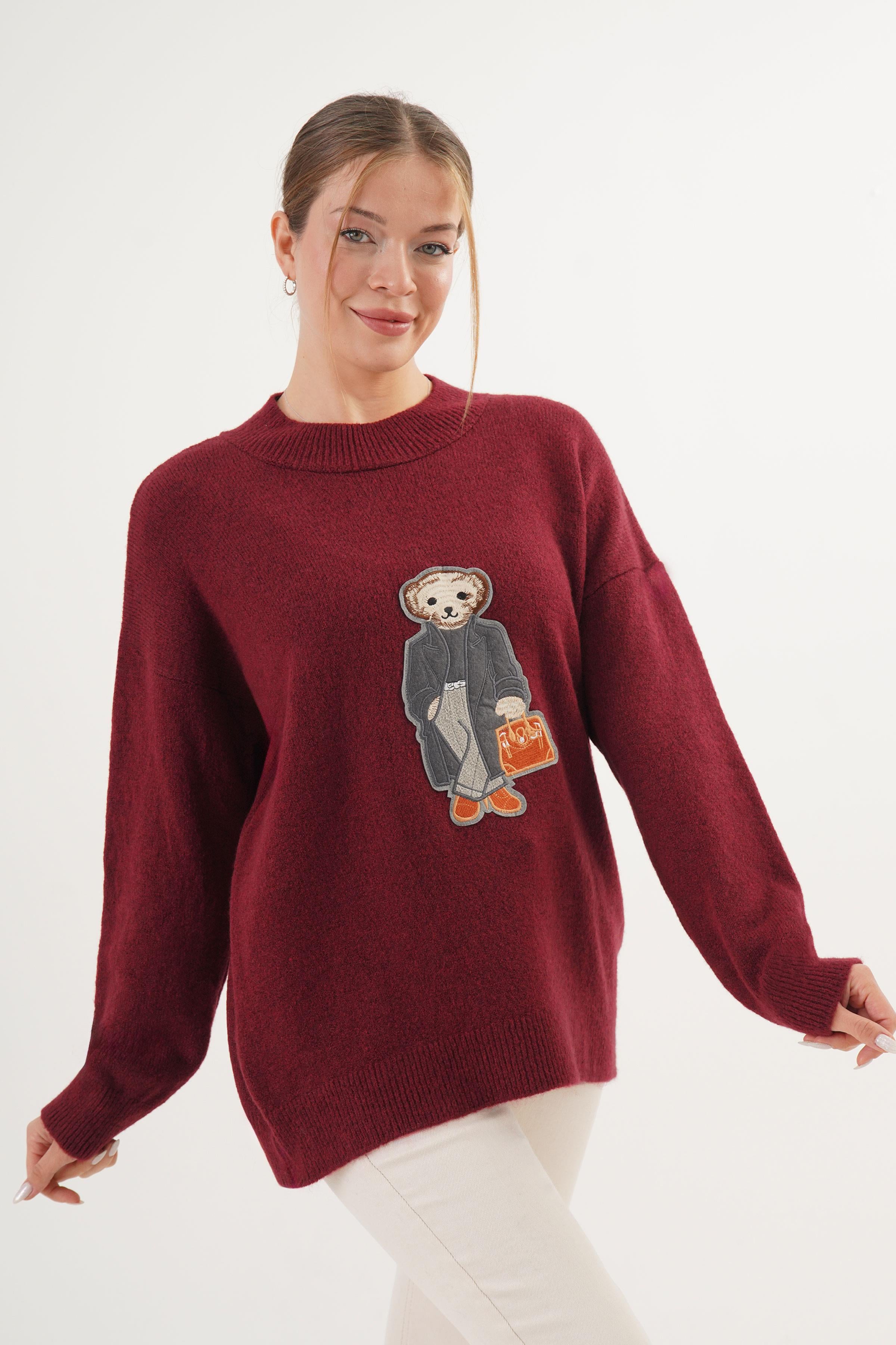 Ayıcık Nakışlı Bisiklet Yaka Toptan Bordo Triko Kazak