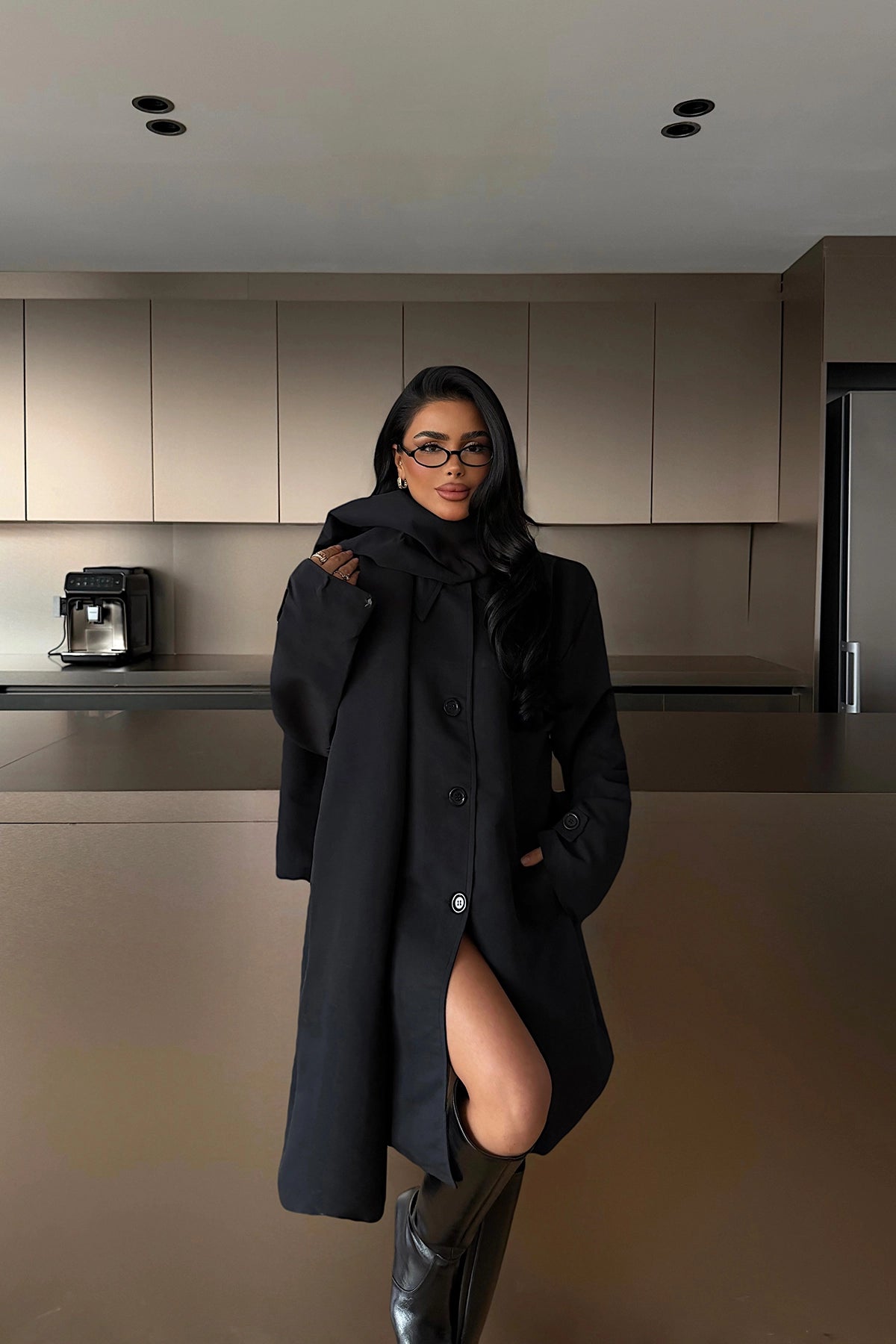 Black Belt Detail Trench Coat with Front Buttons