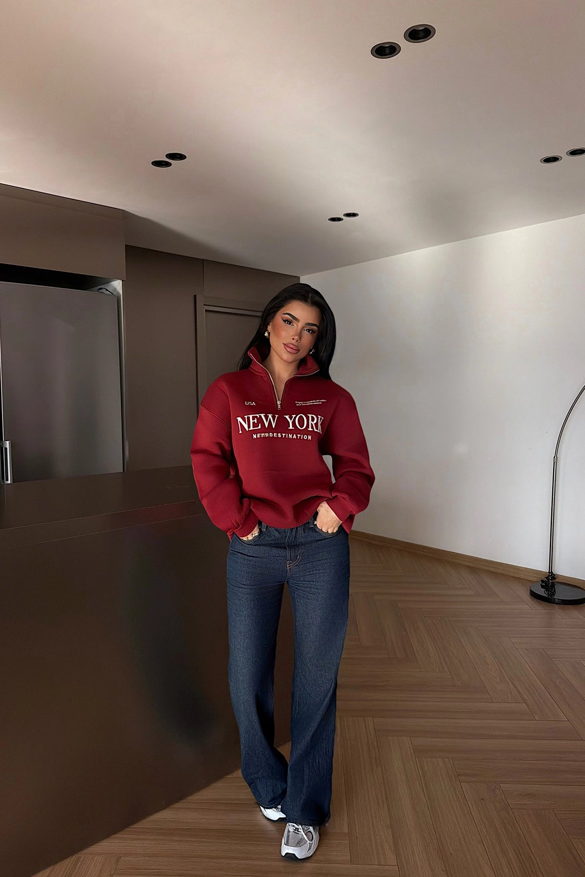 Bordo New York Yazılı Fermuar Detay Sweat