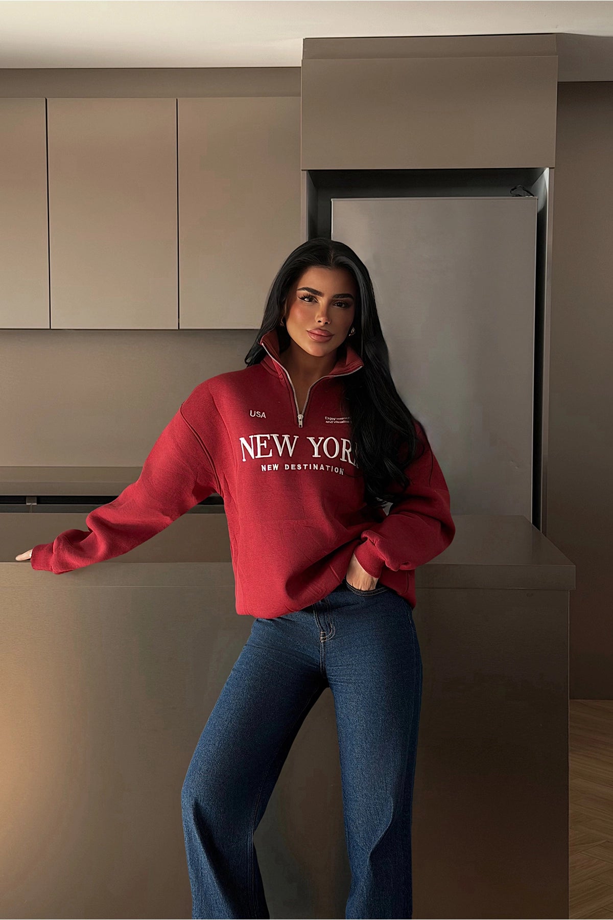 Bordo New York Yazılı Fermuar Detay Sweat