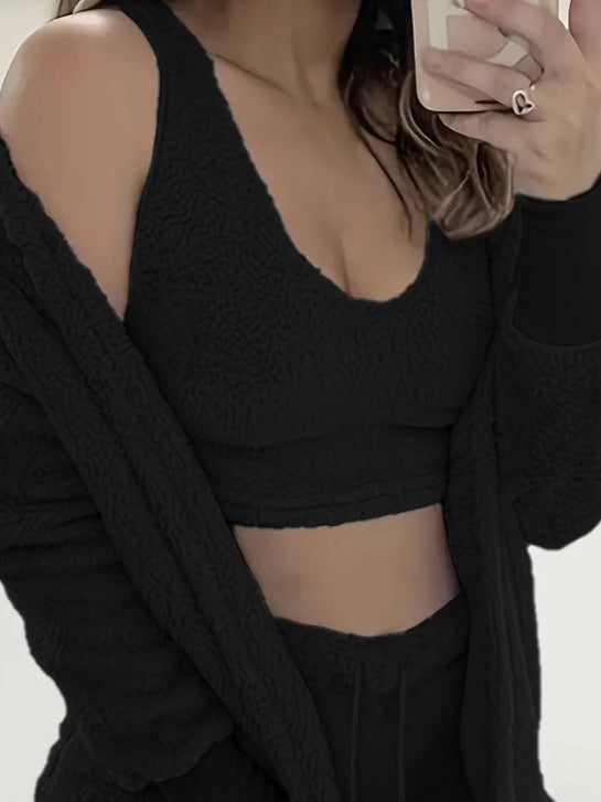 Women's Long-Sleeved Jacket, Strappy Plush Blouse, and Shorts Three-Piece Set, 23209