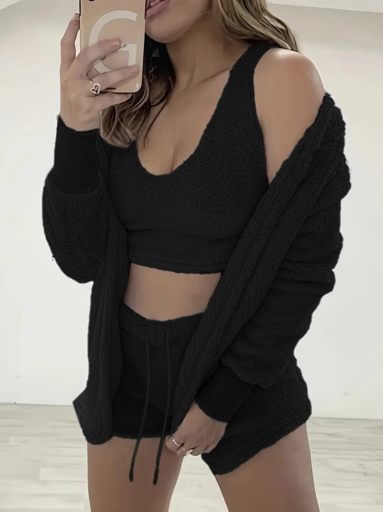 Women's Long-Sleeved Jacket, Strappy Plush Blouse, and Shorts Three-Piece Set, 23209