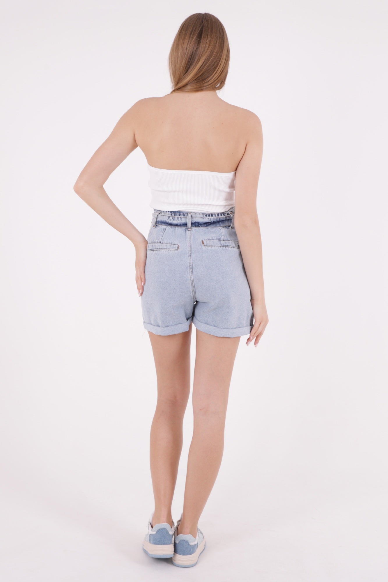 Beli Büzgülü Kemerli Kot Şort - Kar Yıkama Açık Mavi - (S-XL-6) - 3