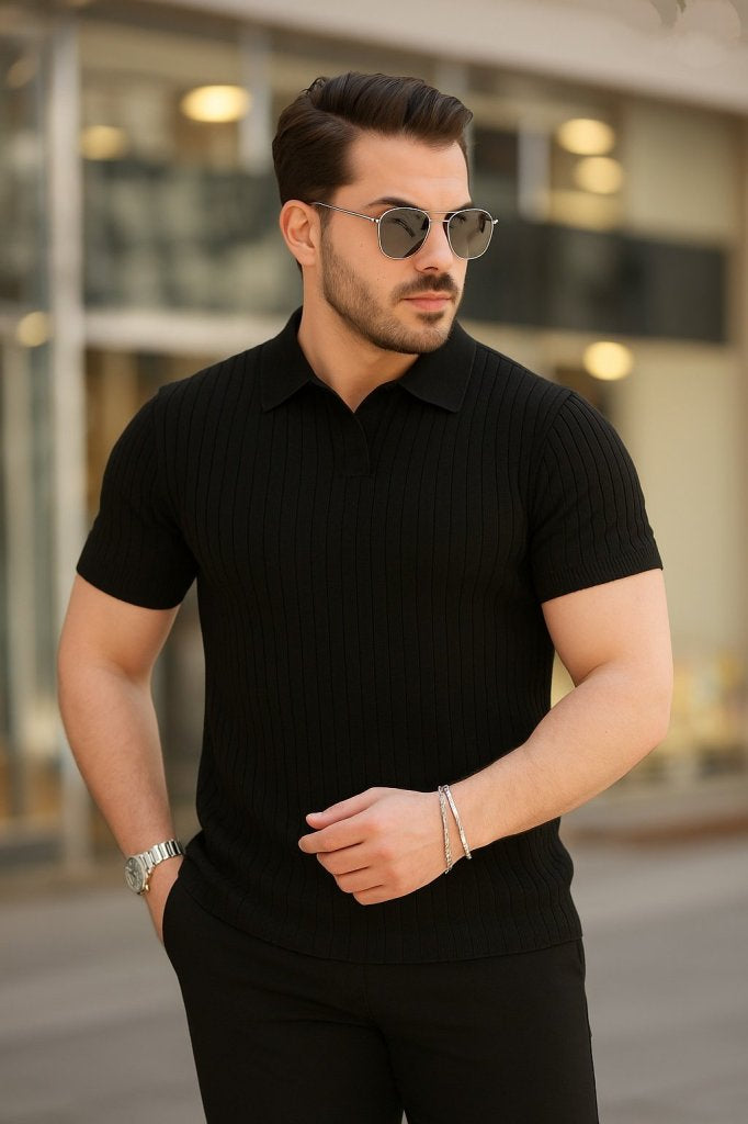 Erkek Kısa Kollu Yakalı çizgi Desenli Triko Bluz , 34990