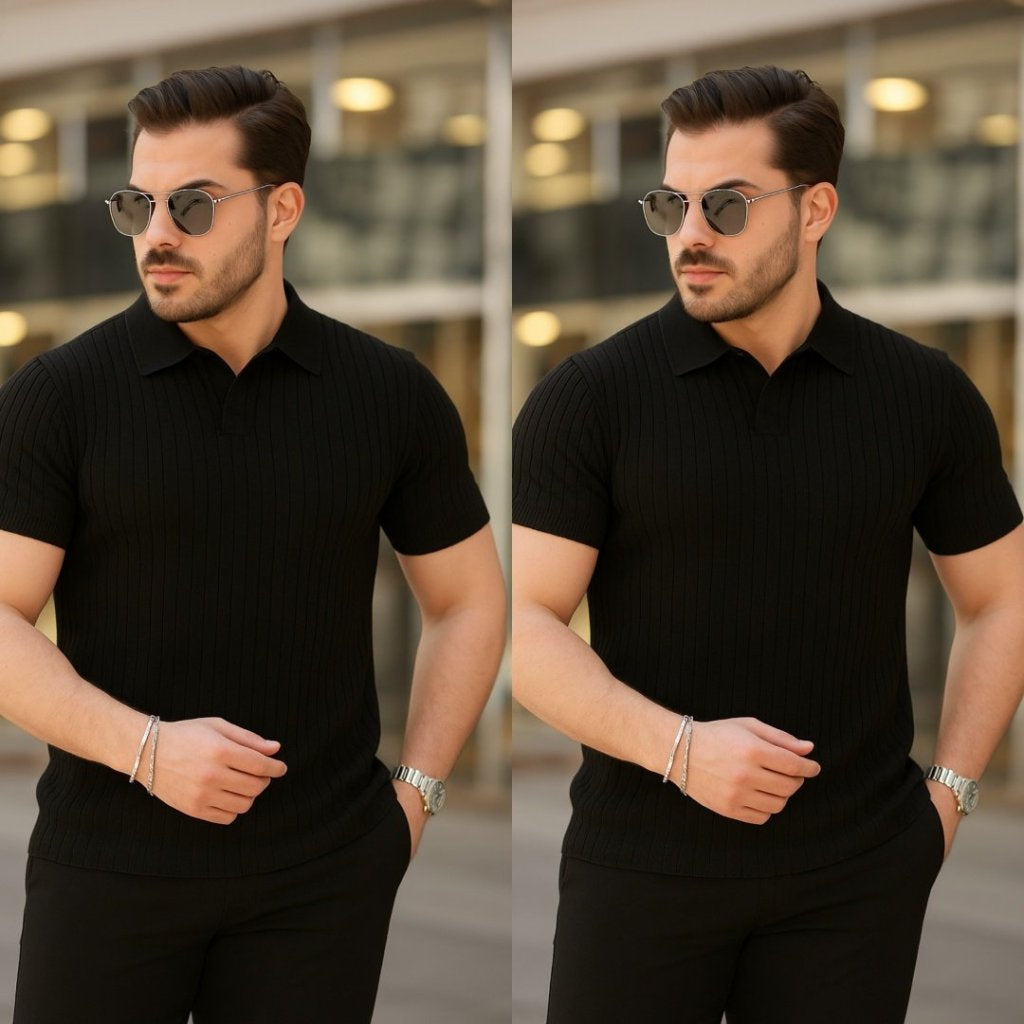 Erkek Kısa Kollu Yakalı çizgi Desenli Triko Bluz , 34990