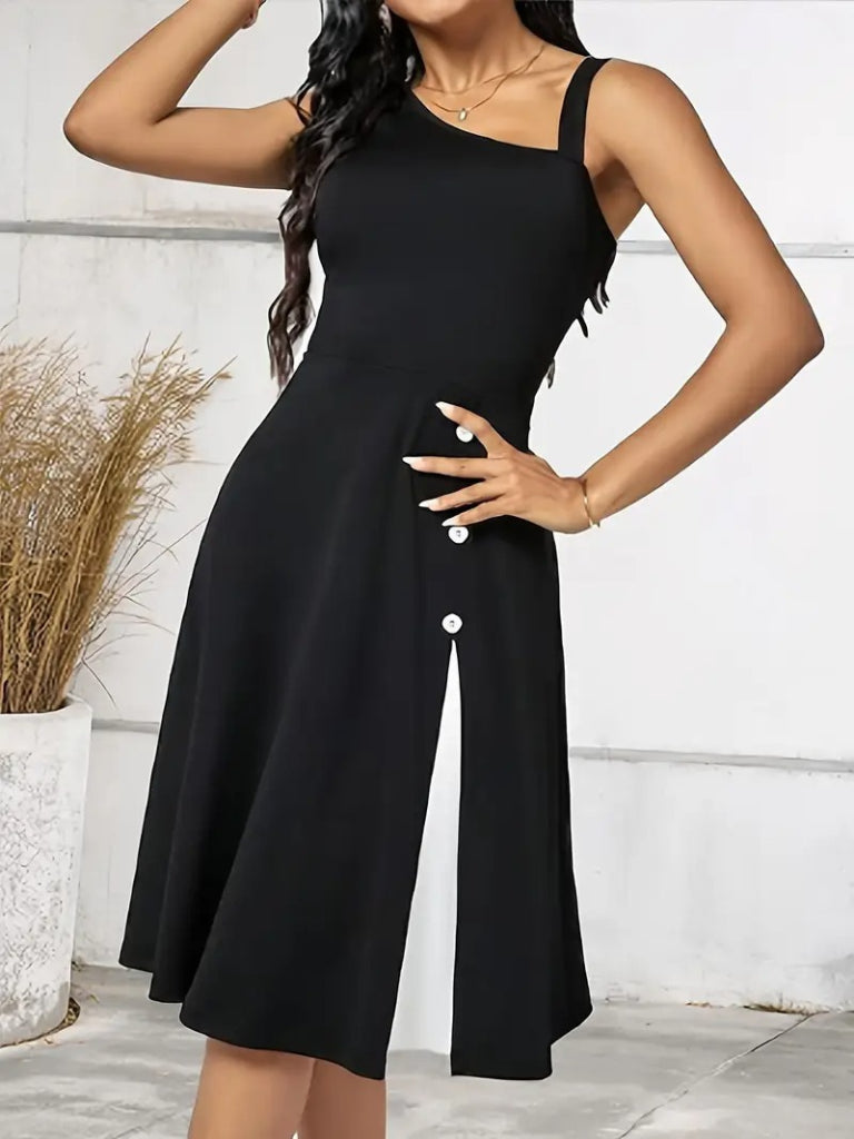Women's One-Shoulder Strappy Sleeveless Side Button Detail Viscose Dress, 33242