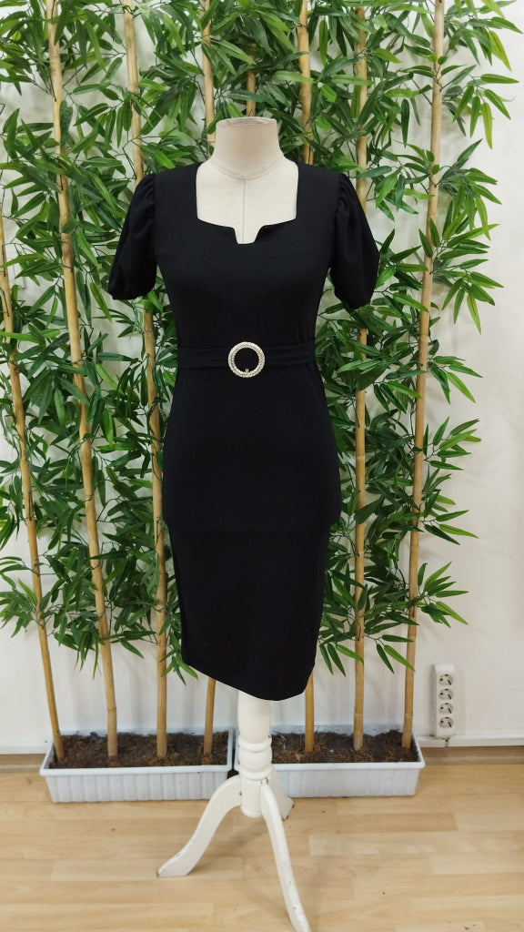 Women's Short Sleeve Open-Neck Imported Crepe Dress with Front Ring Detail, 23643