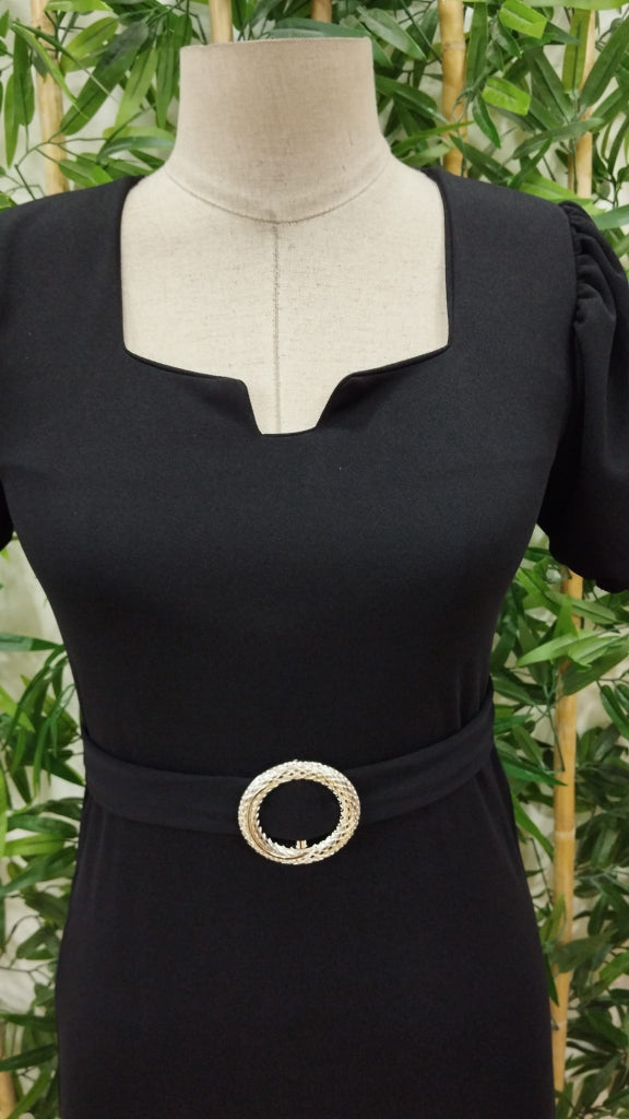 Women's Short Sleeve Open-Neck Imported Crepe Dress with Front Ring Detail, 23643
