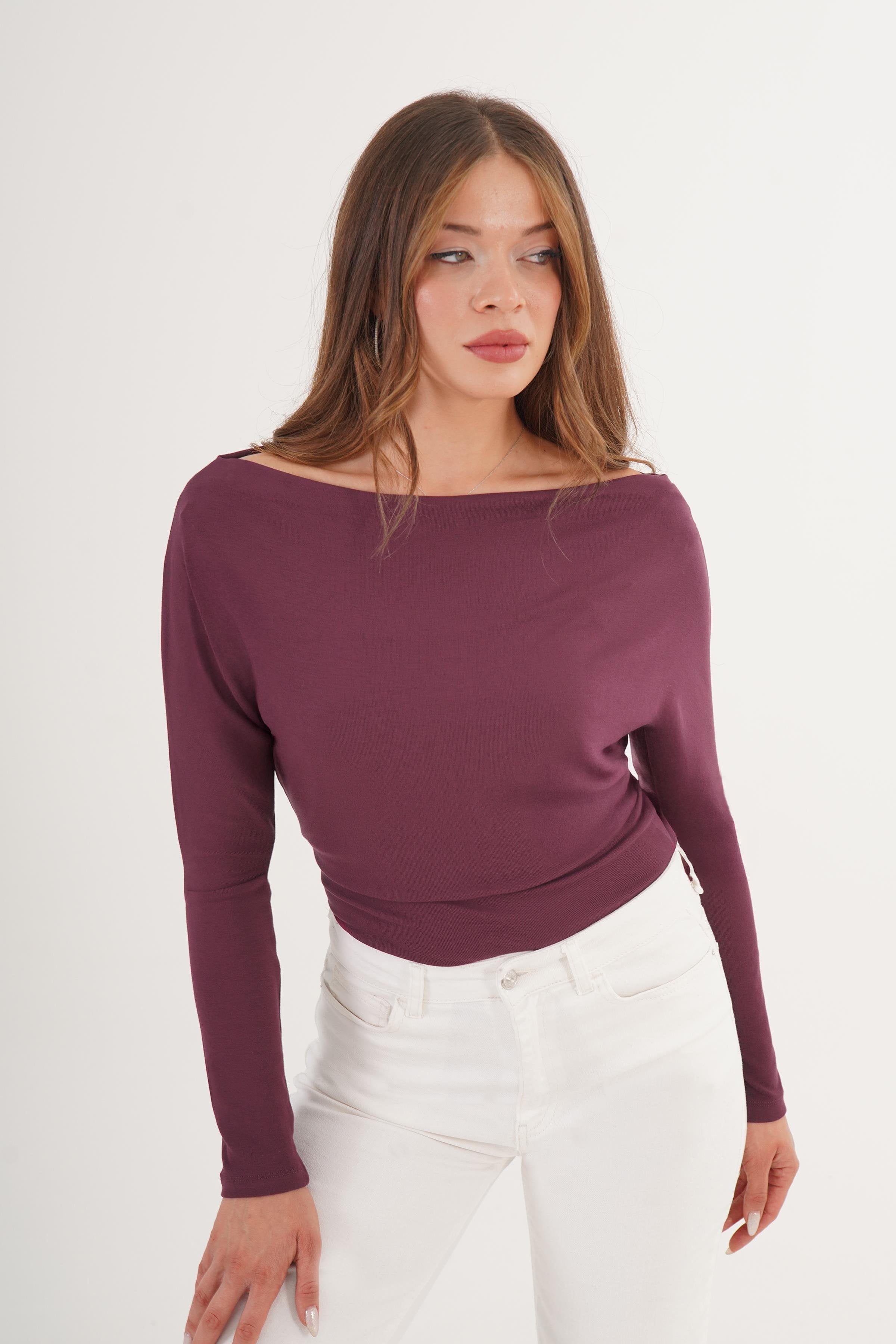 Uzun Kollu Basic Bordo Toptan Bluz