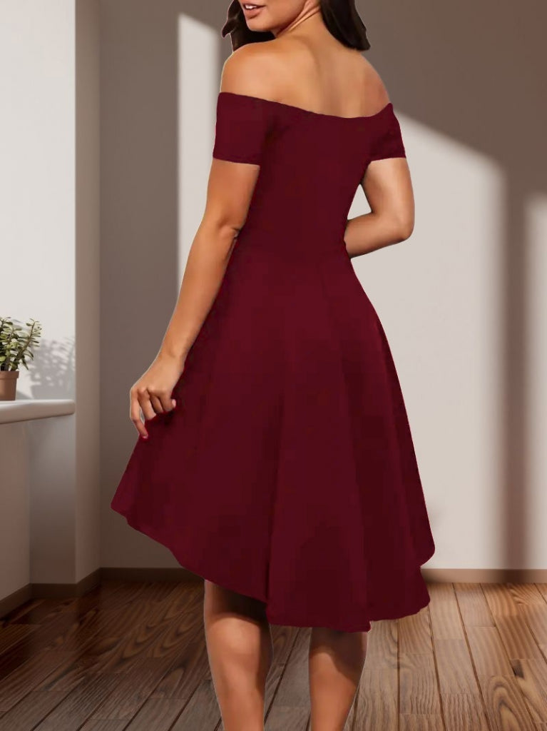 Women's Short Sleeve Madonna Neck High-Low Imported Crepe Dress, 31251