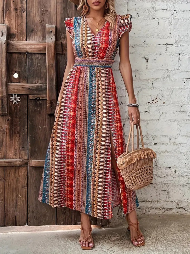 Women's Short-Sleeved V-Neck Patterned Supreme Dress with Side Slit, 23962