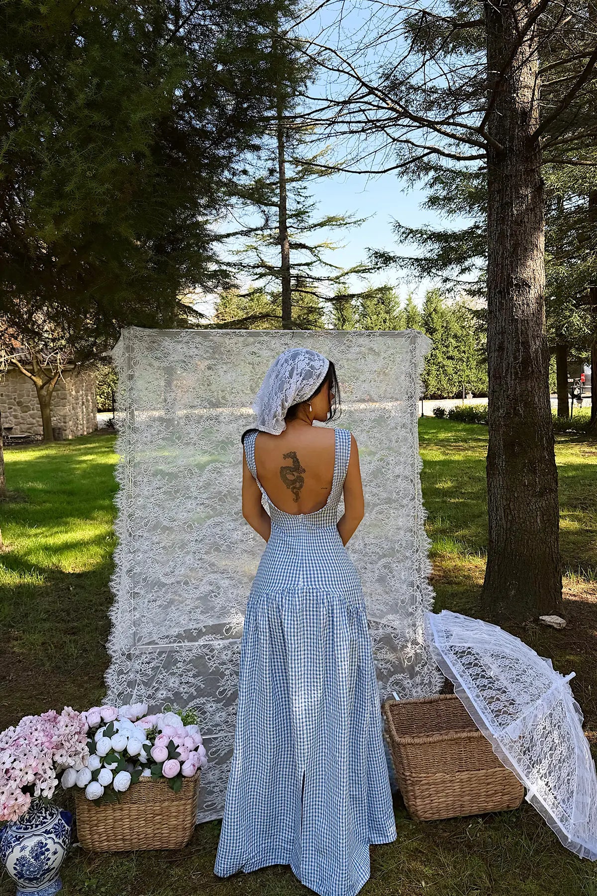 Mavi Ekose Desenli Elbise