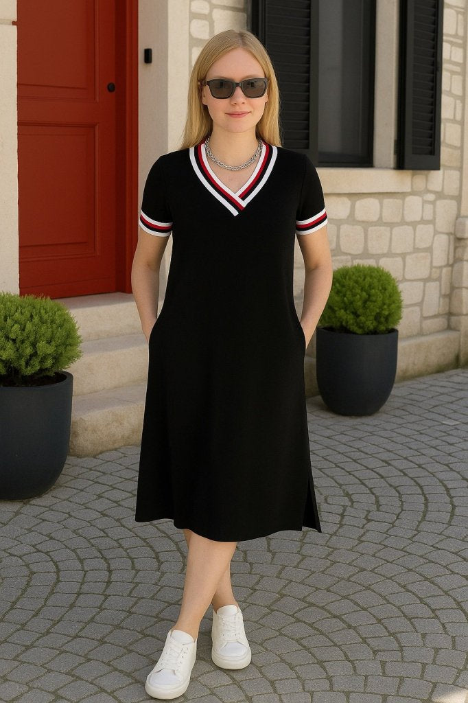 Women's Short Sleeve V-Neck Ribbed Detail Midi Viscose Dress, 32838