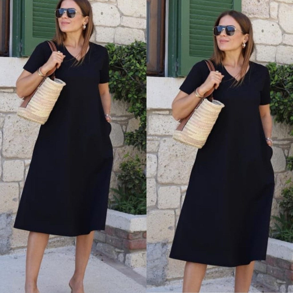 Women's Short Sleeve V-Neck A-Line Viscose Dress with Pockets, 24433