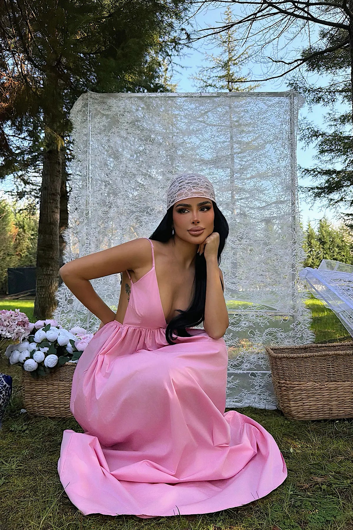 Pembe Askılı Uzun Elbise