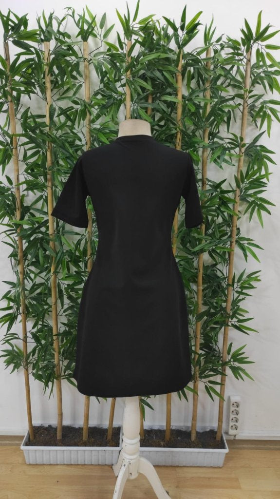 Women's Short Sleeve Crew Neck Imported Crepe Dress with Front Bow Detail, 24501