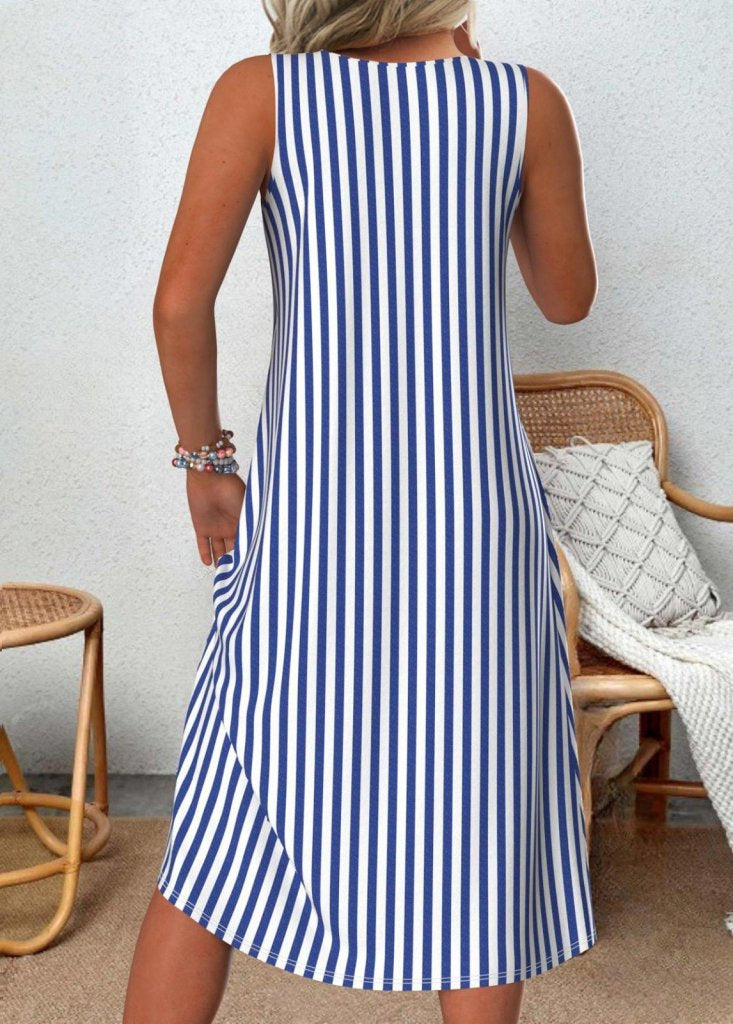 Women's V-Neck Striped Strappy Midi Knitted Viscose Dress, 31465