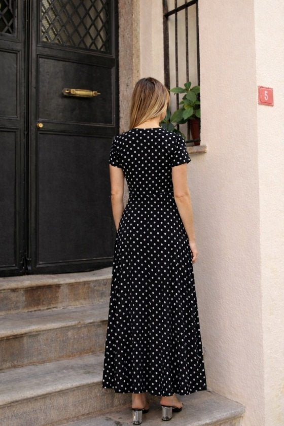 Kadın Kısa Kollu Bisiklet Yaka Puantiyeli Maksi örme Krep Elbise , 35855