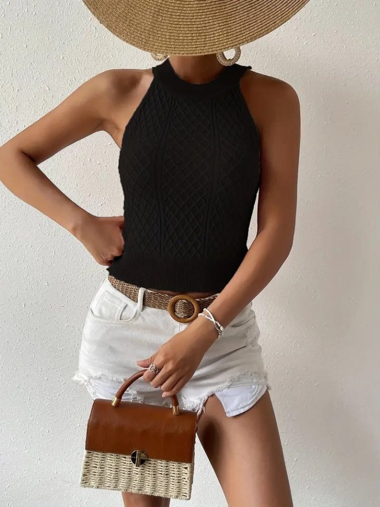 Women's Sleeveless Halter Neck Mini Argyle Knit Blouse, 26844
