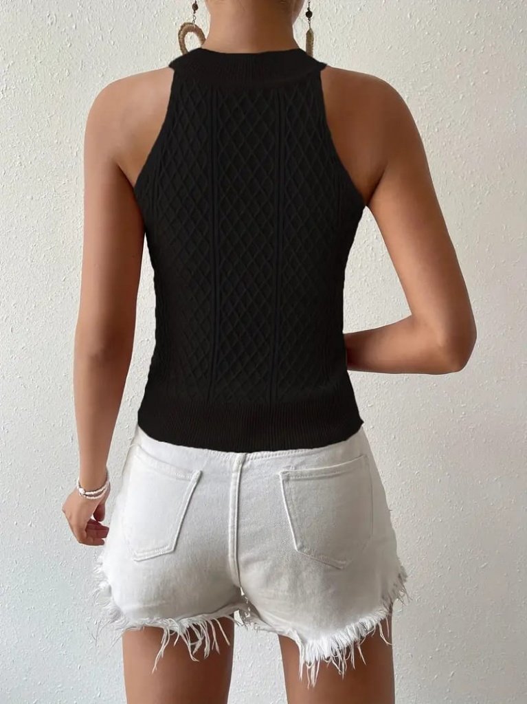 Women's Sleeveless Halter Neck Mini Argyle Knit Blouse, 26844