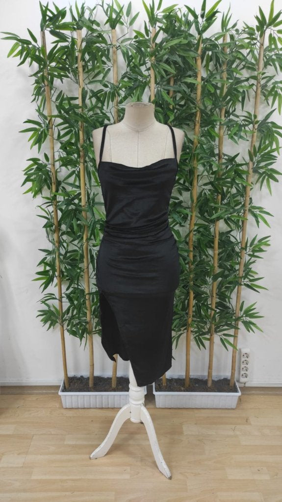 Women's Strappy Cowl Neck Slit Velvet Midi Dress, 25611